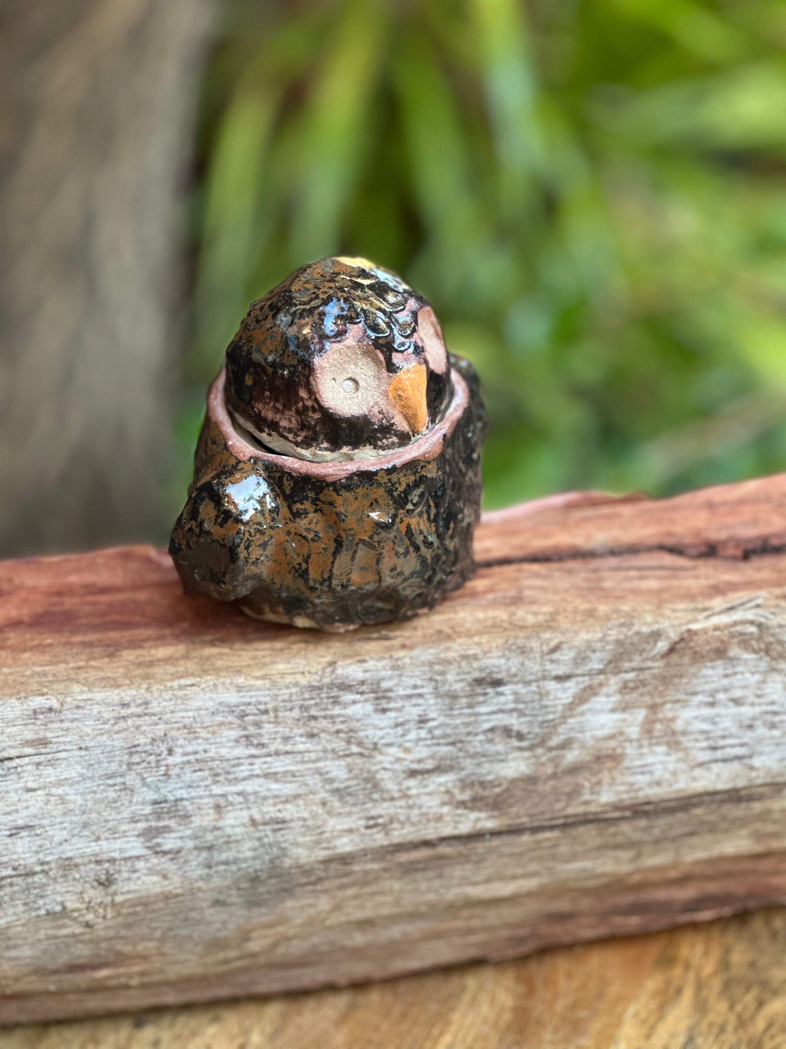 Golden Sapwood Owl Pot | Handmade Stoneware Owl with Lid