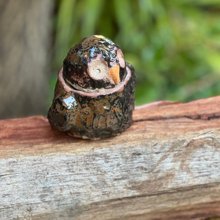 Golden Sapwood Owl Pot | Handmade Stoneware Owl with Lid