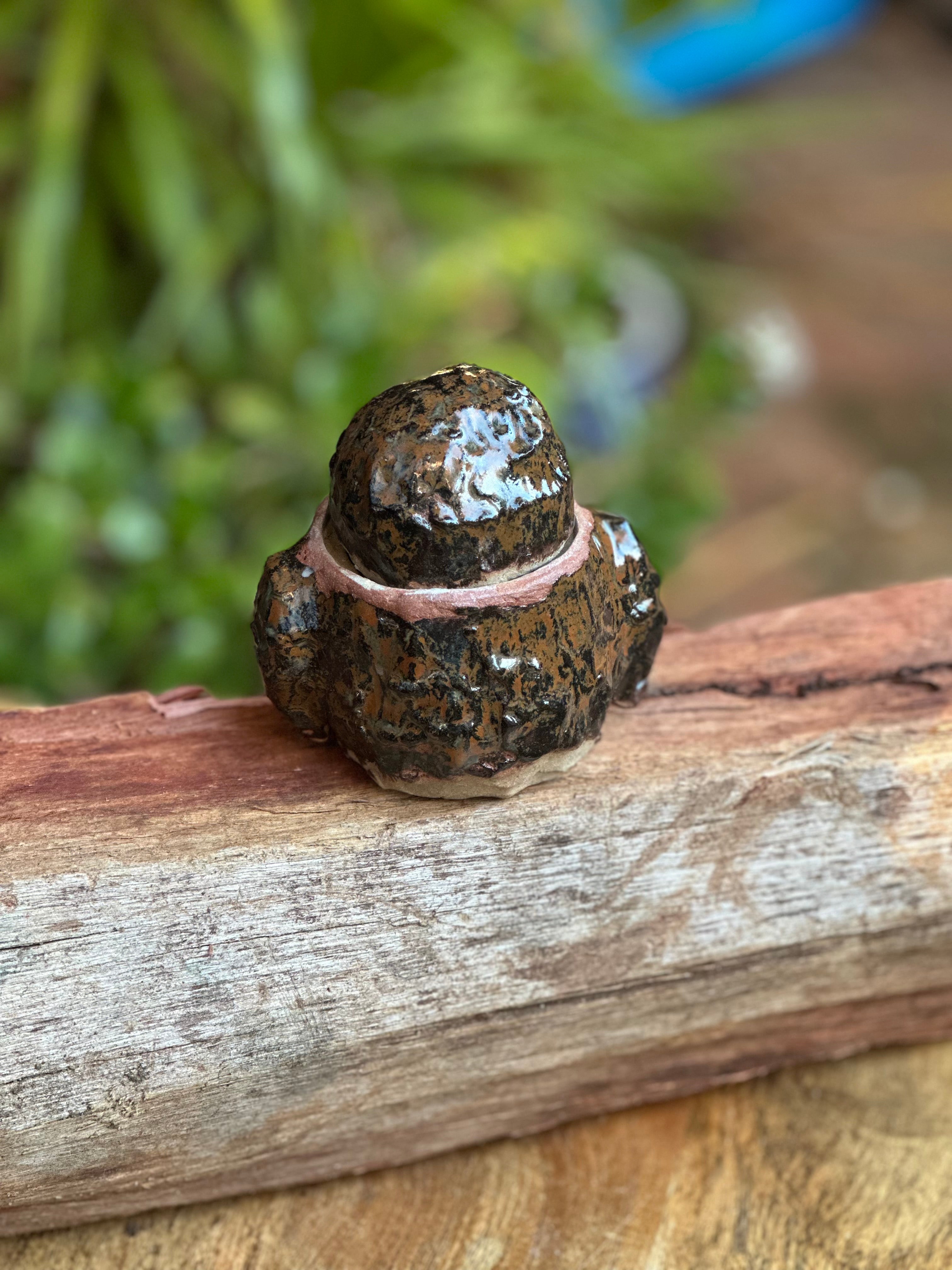 Golden Sapwood Owl Pot | Handmade Stoneware Owl with Lid