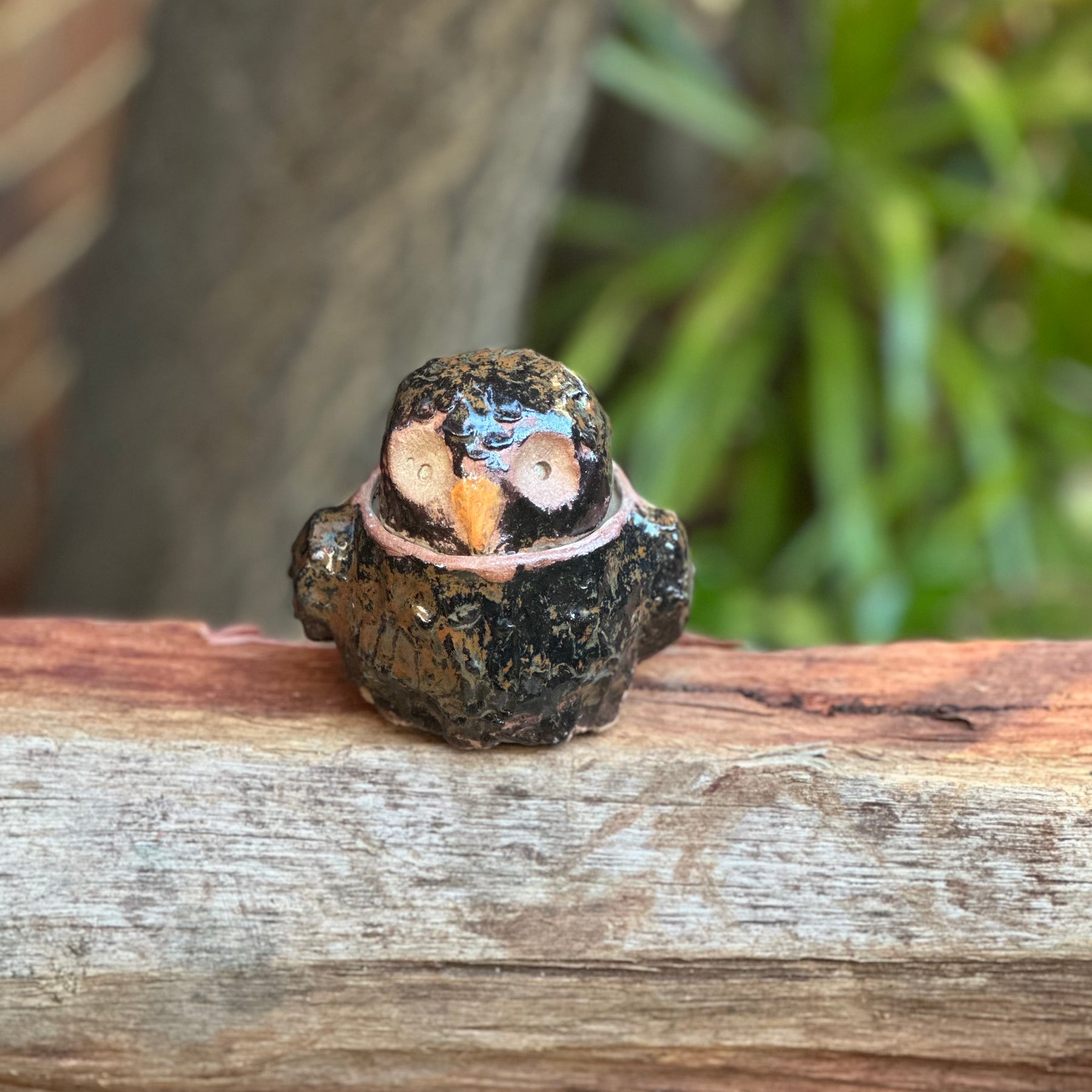 Golden Sapwood Owl Pot | Handmade Stoneware Owl with Lid