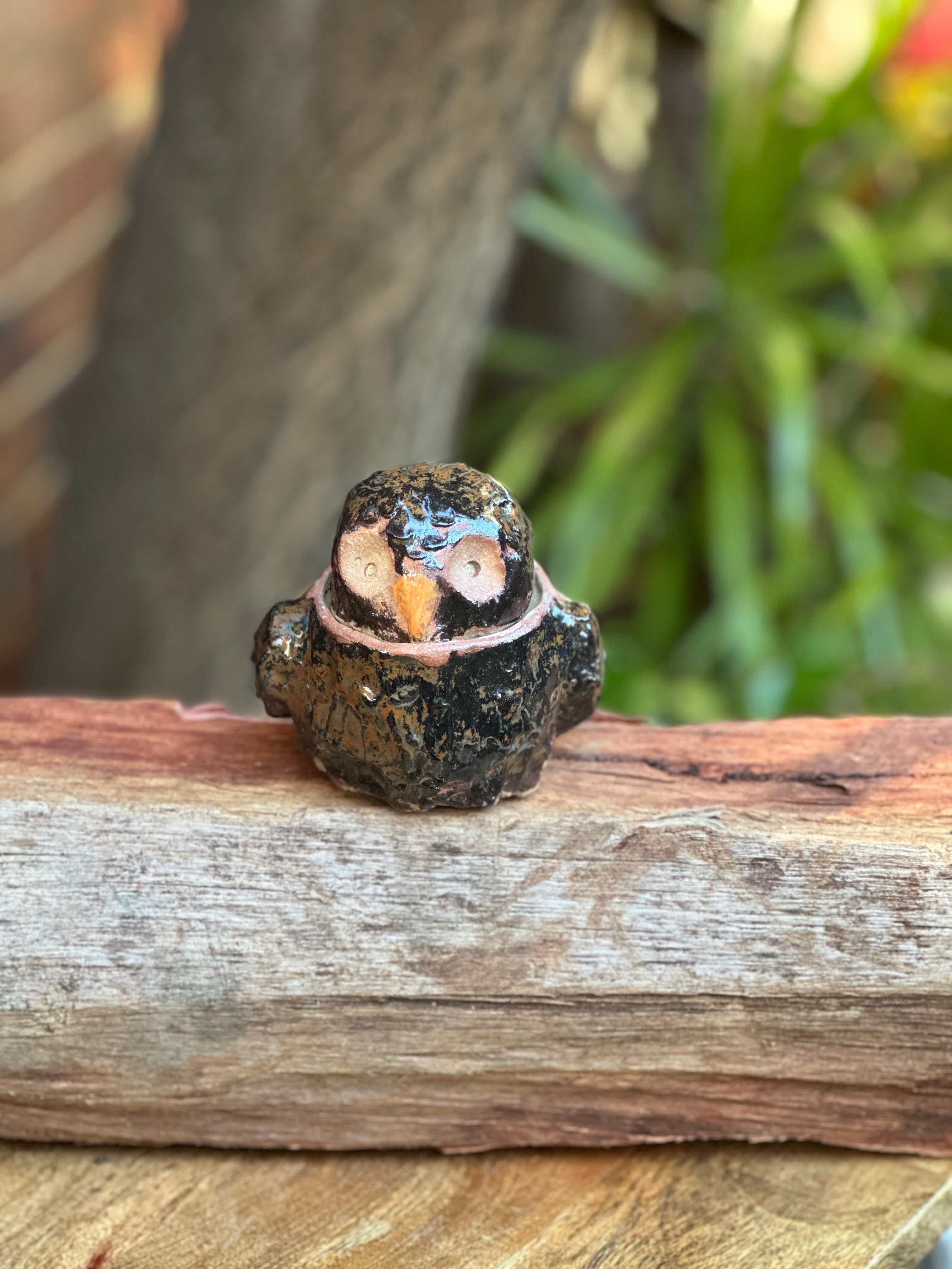 Golden Sapwood Owl Pot | Handmade Stoneware Owl with Lid