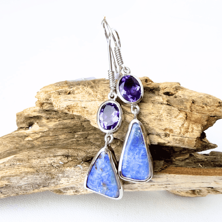 Australian Boulder Opal and Amethyst Hook Earrings in 925 Sterling Silver