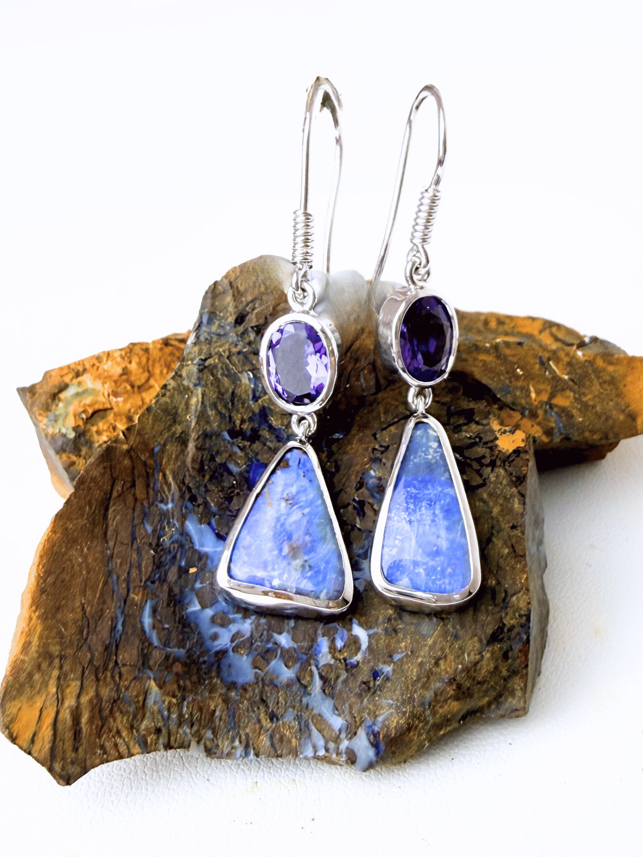 Australian Boulder Opal and Amethyst Hook Earrings in 925 Sterling Silver