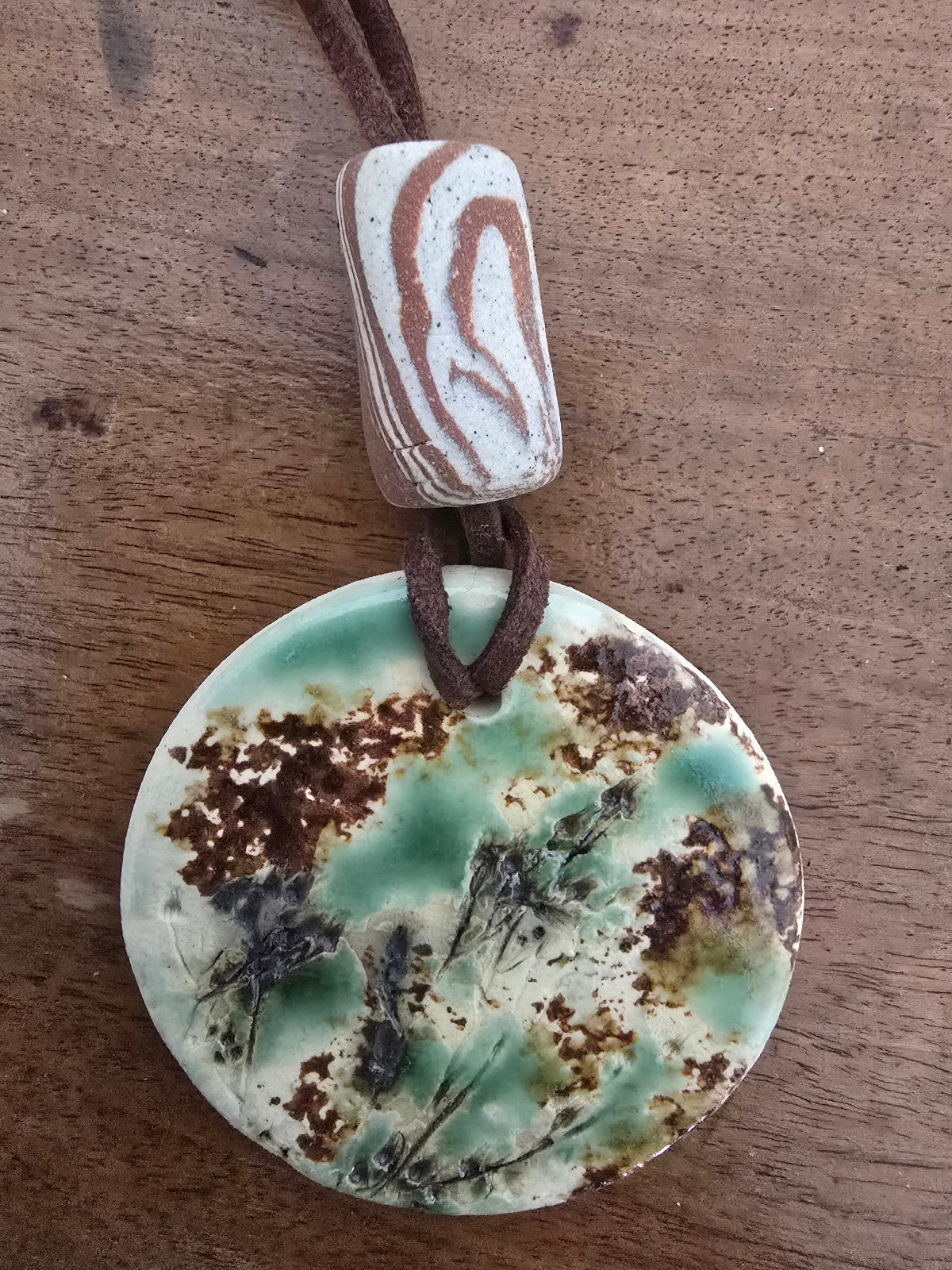Botanical Imprint Clay Pendant – Handmade Ceramic Necklace