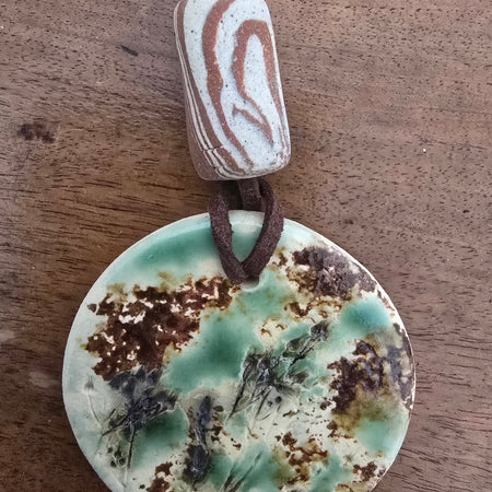 Botanical Imprint Clay Pendant – Handmade Ceramic Necklace