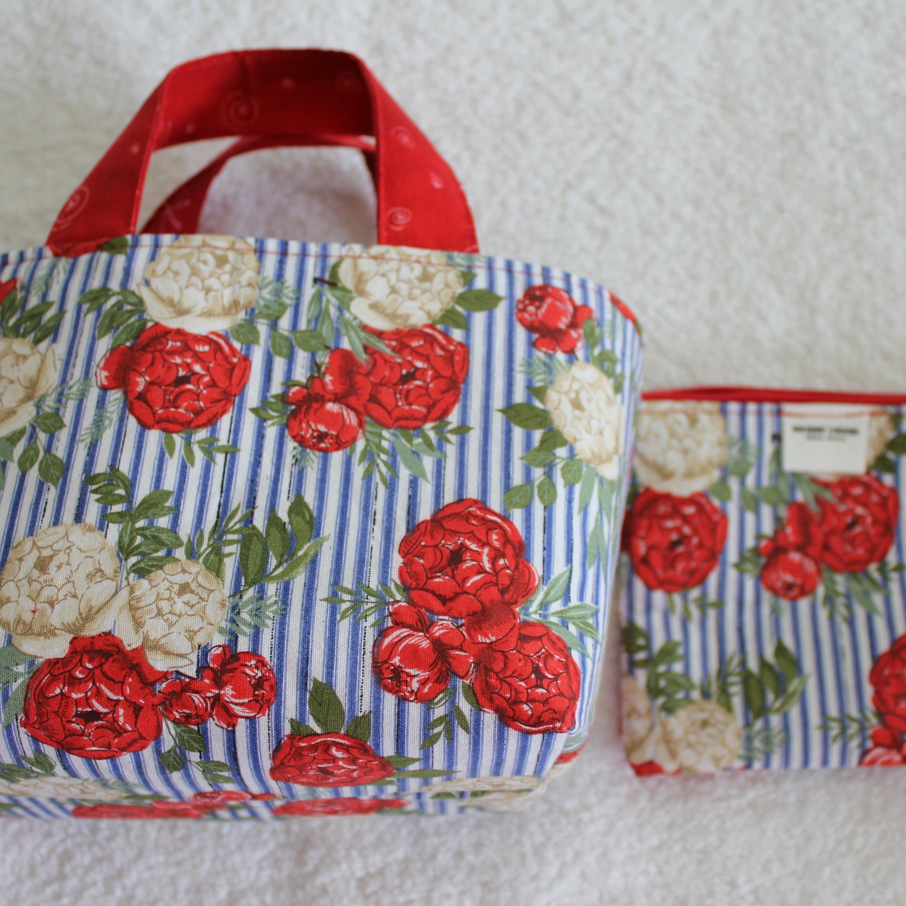 BLUE STRIPE, RED FLOWERS - TINY TOTS TOTE BAG RANGE