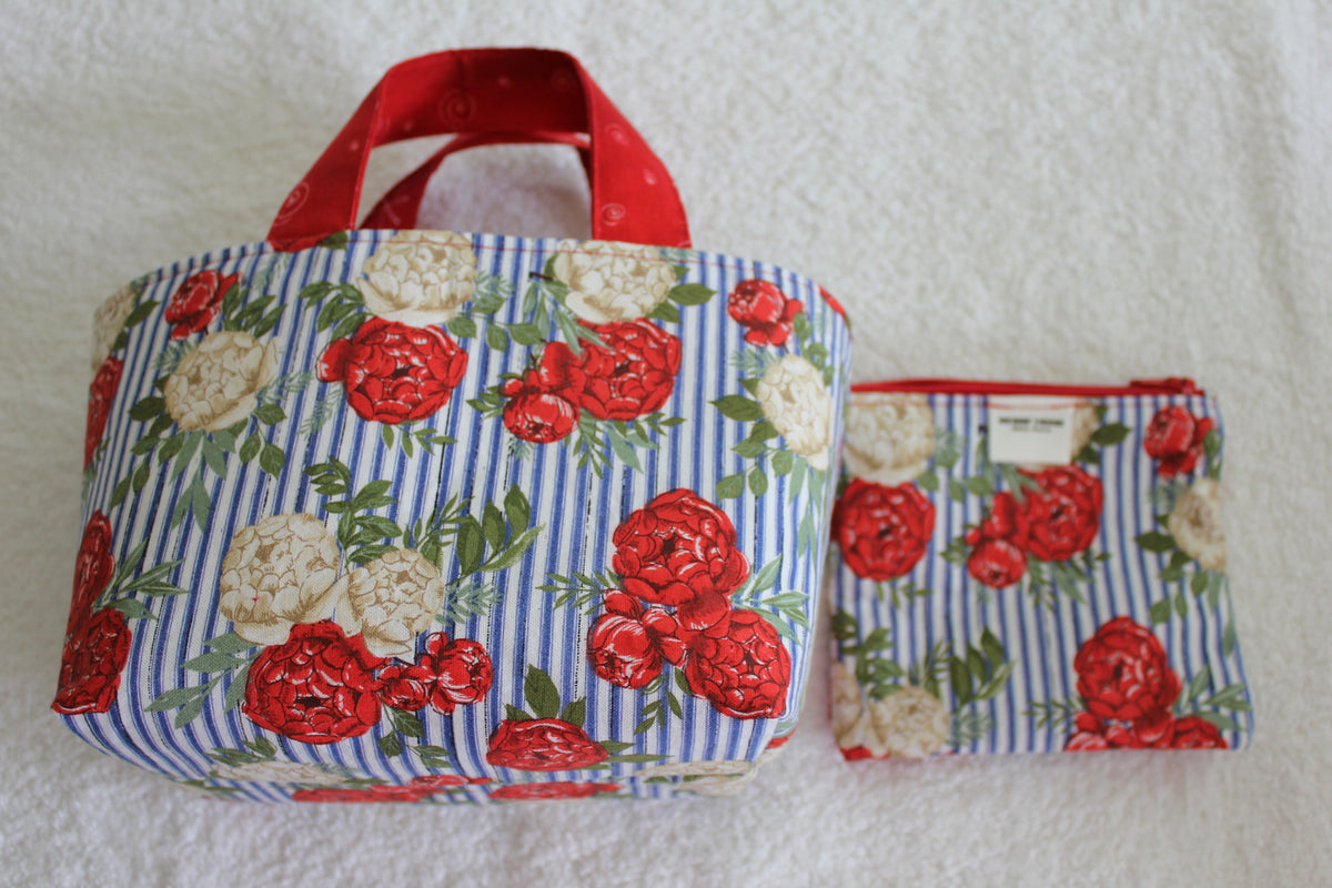 BLUE STRIPE, RED FLOWERS - TINY TOTS TOTE BAG RANGE