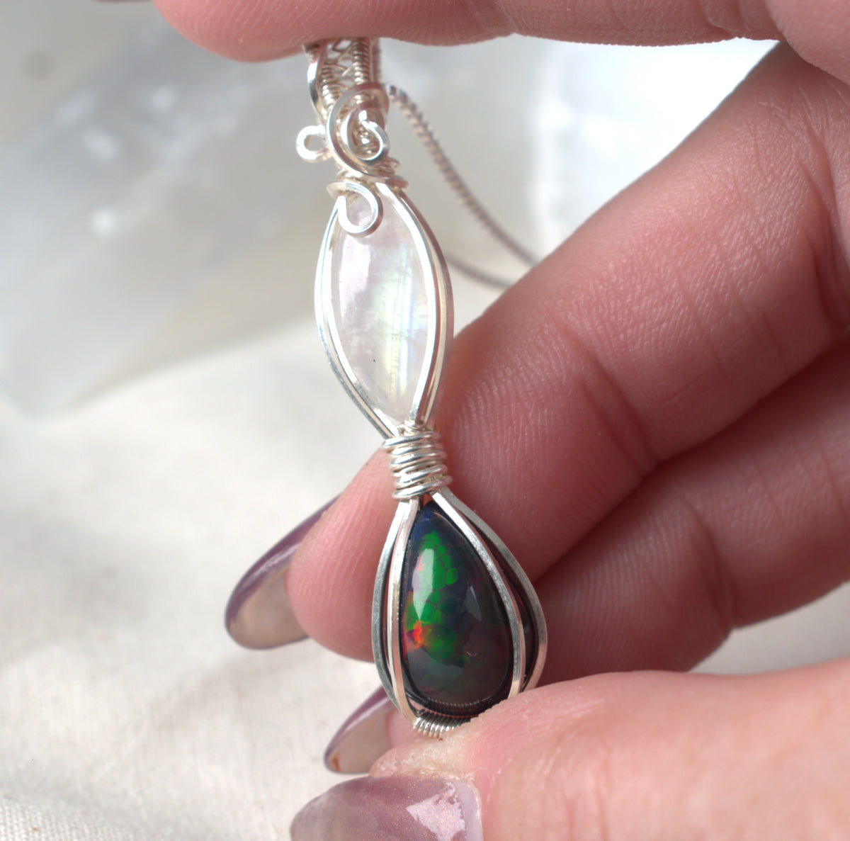 Moon Fire - Black Opal & Moonstone Wire Wrapped Pendant
