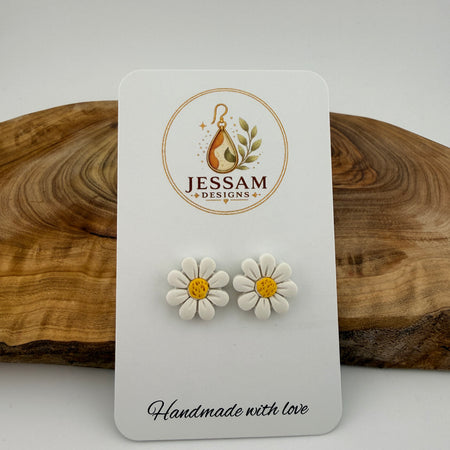 White Daisy Polymer Clay Stud Earrings