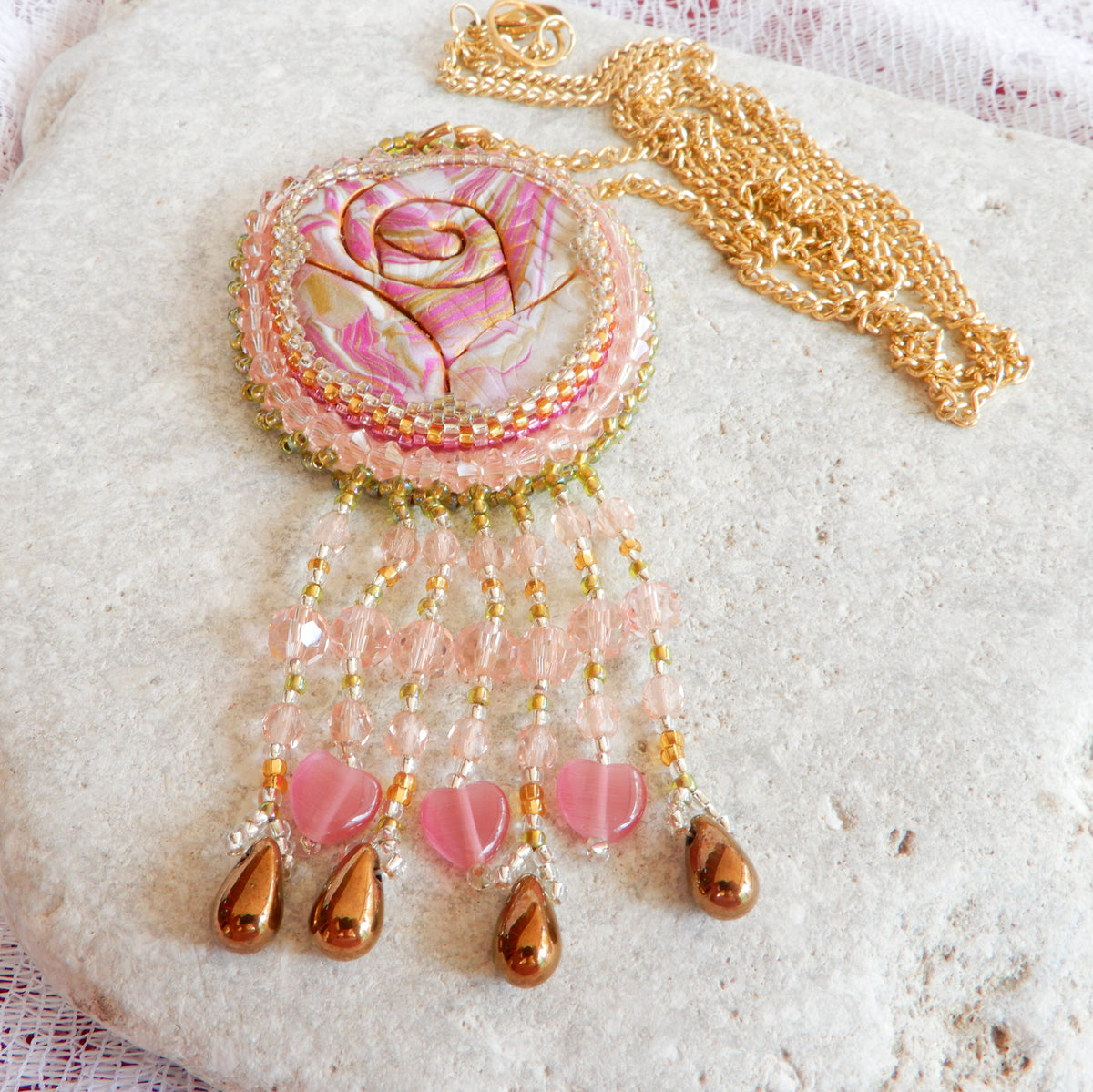 Bead Embroidered Polymer Clay Rose Pendant