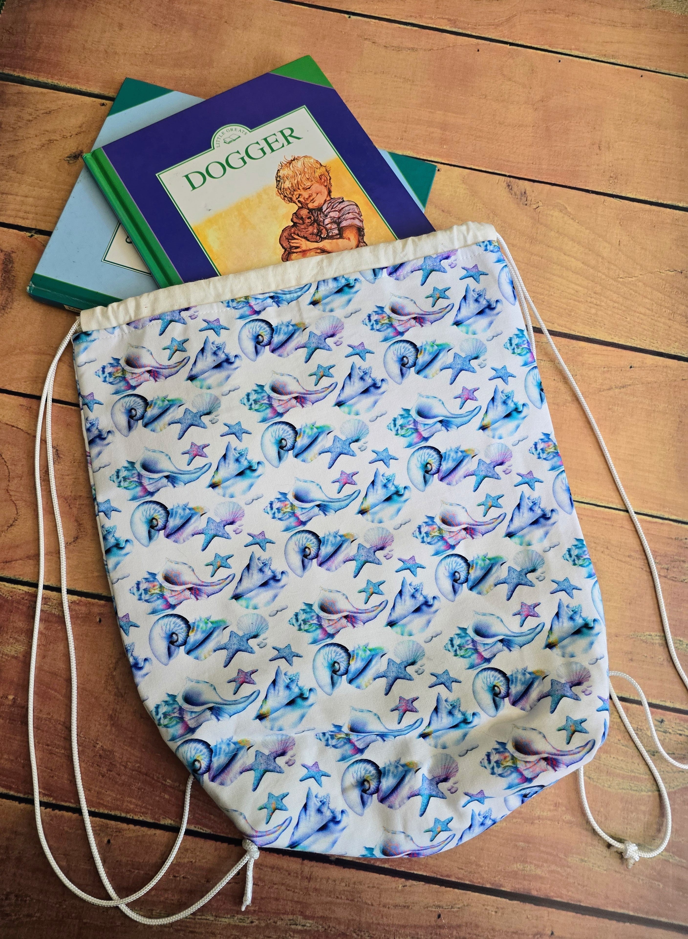Handmade | Ocean Shells | Drawstring | Library Bag | Backpack