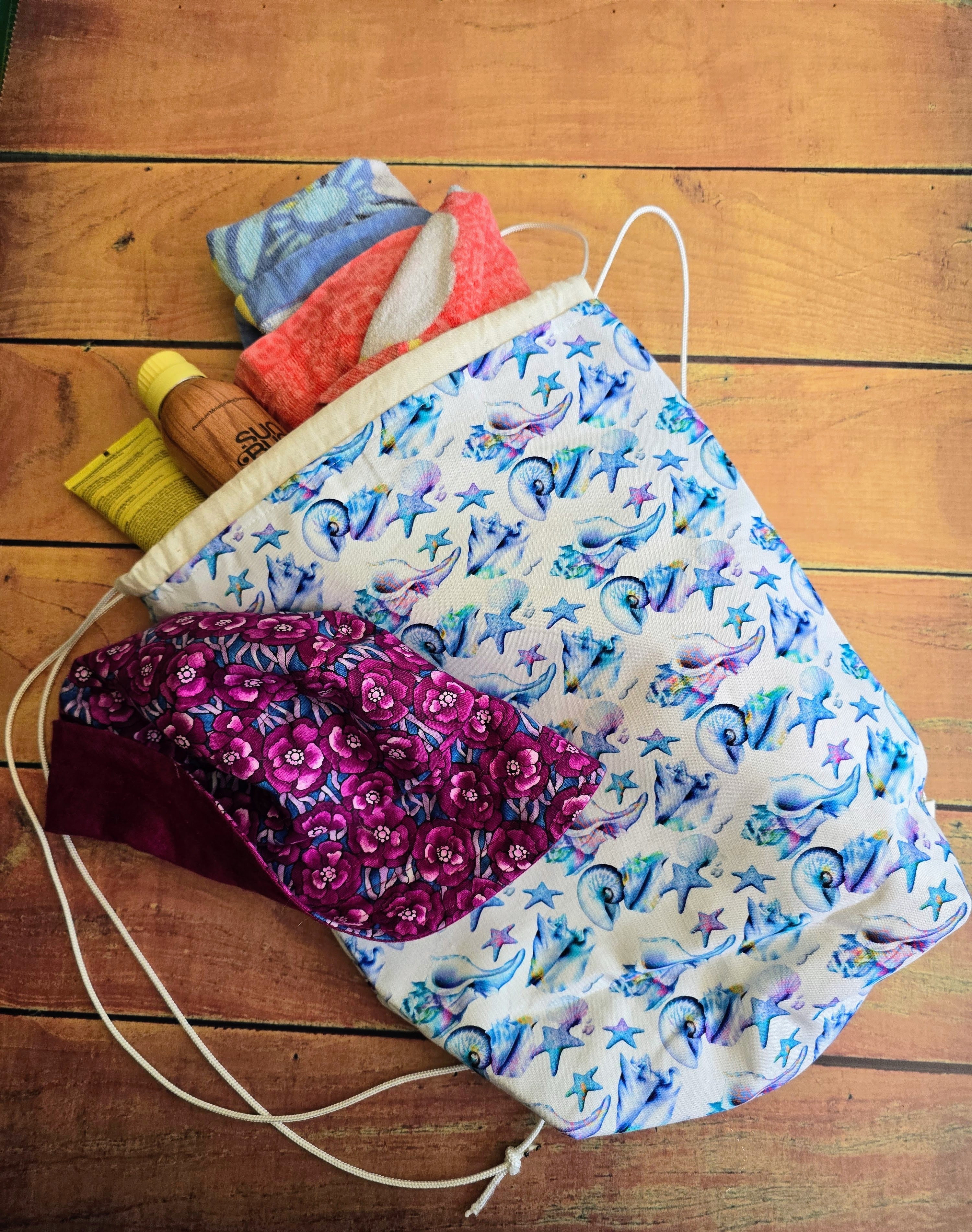 Handmade | Ocean Shells | Drawstring | Library Bag | Backpack