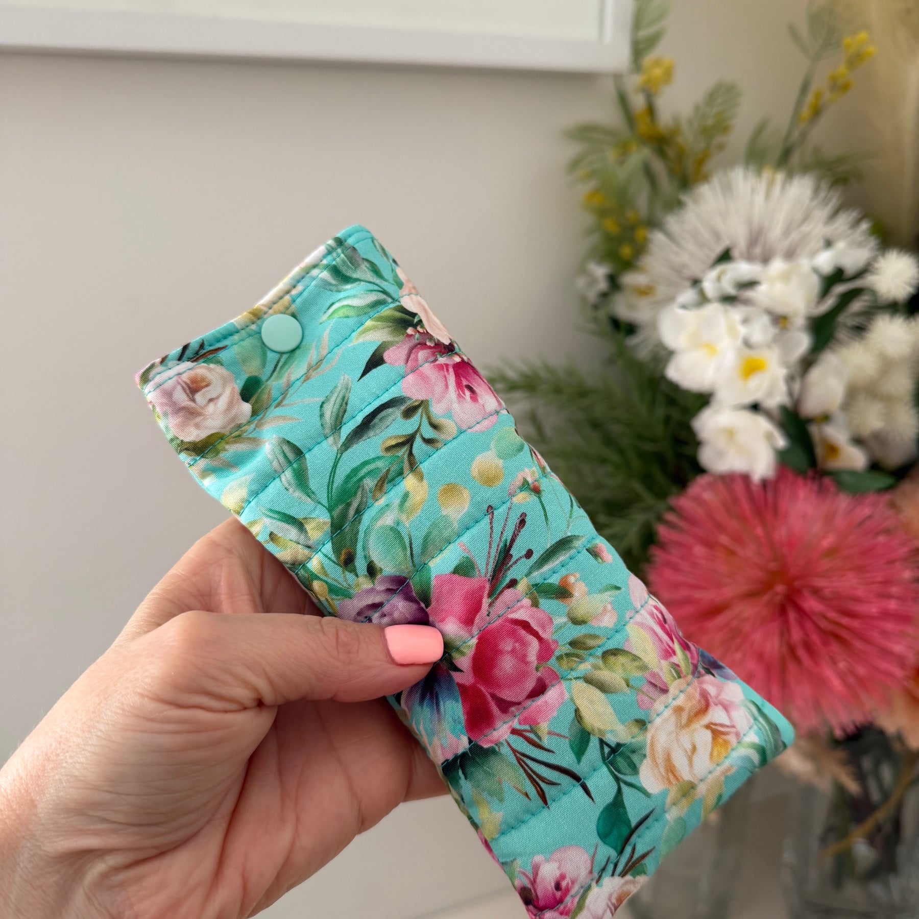 Quilted Glasses Case - Aqua Floral