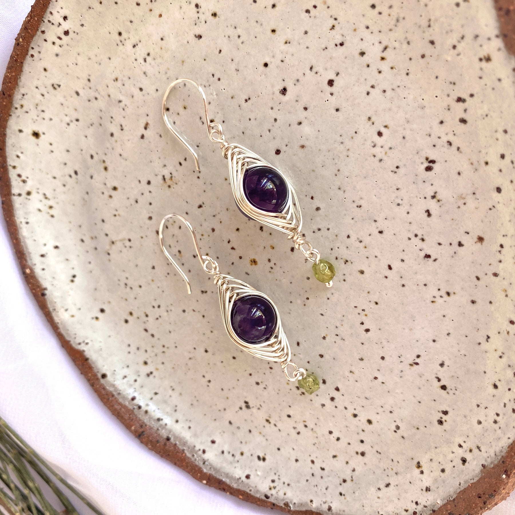 Amethyst and Peridot Silver Boho Earrings | Gemstone Wire Wrap Jewellery