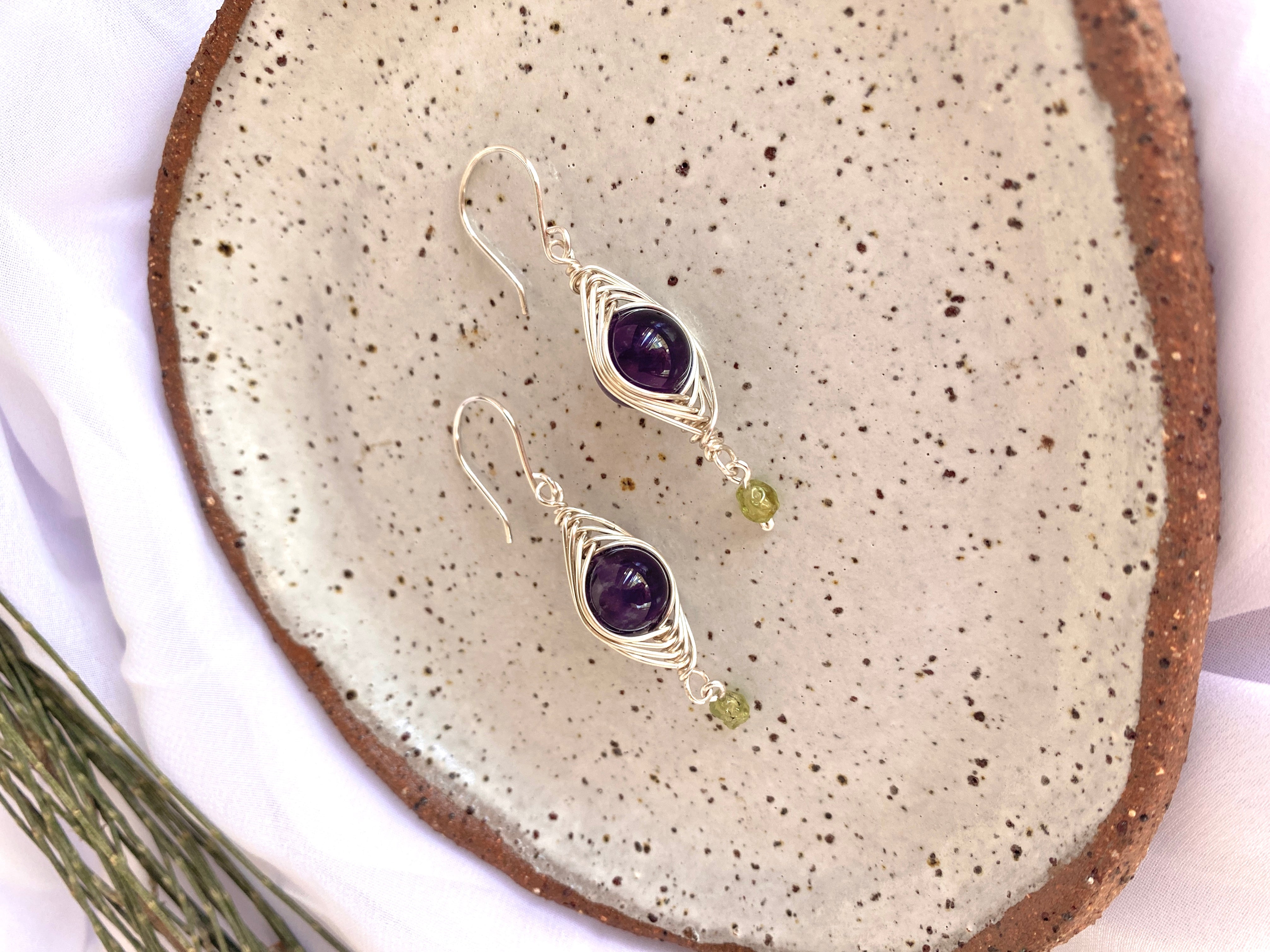 Amethyst and Peridot Silver Boho Earrings | Gemstone Wire Wrap Jewellery