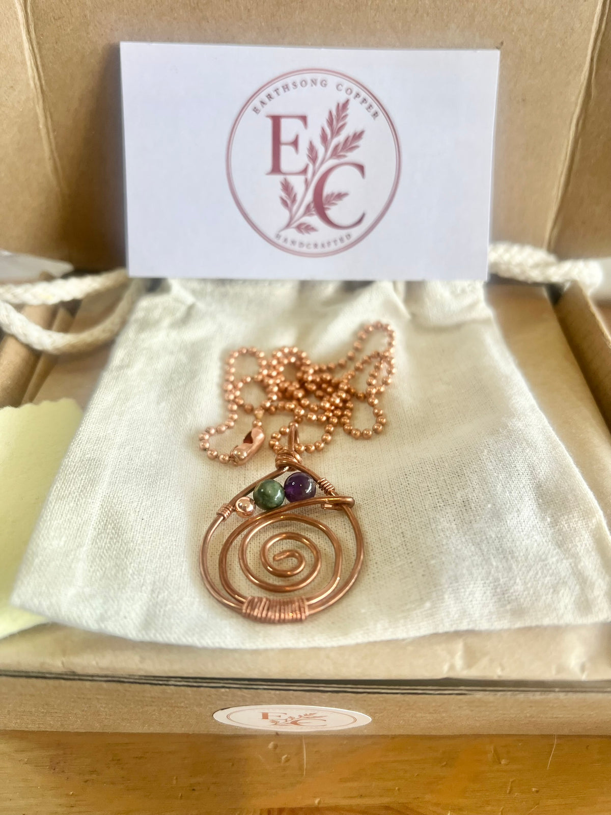 Spiral Copper Gemstone Pendant with Copper bead chain