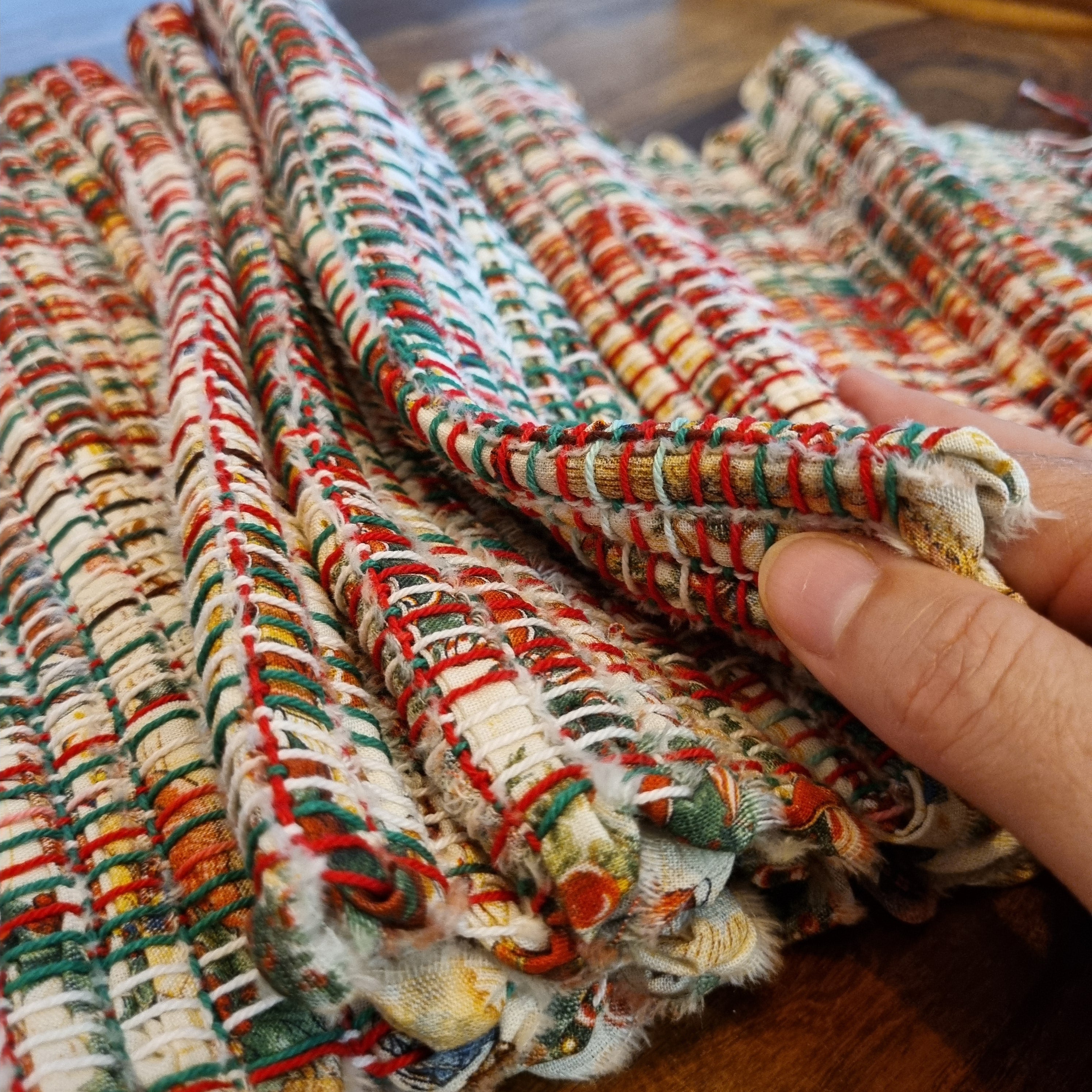 Handwoven Christmas fabric table runner festive print