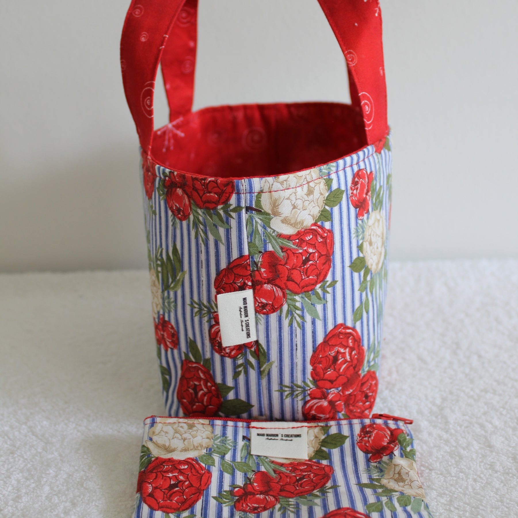 BLUE STRIPE, RED FLOWERS - TINY TOTS TOTE BAG RANGE