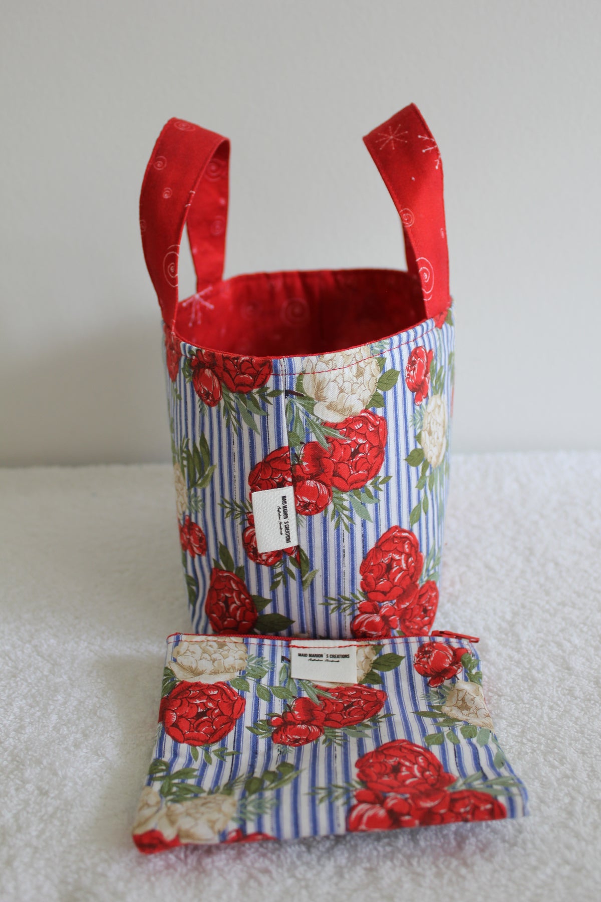 BLUE STRIPE, RED FLOWERS - TINY TOTS TOTE BAG RANGE