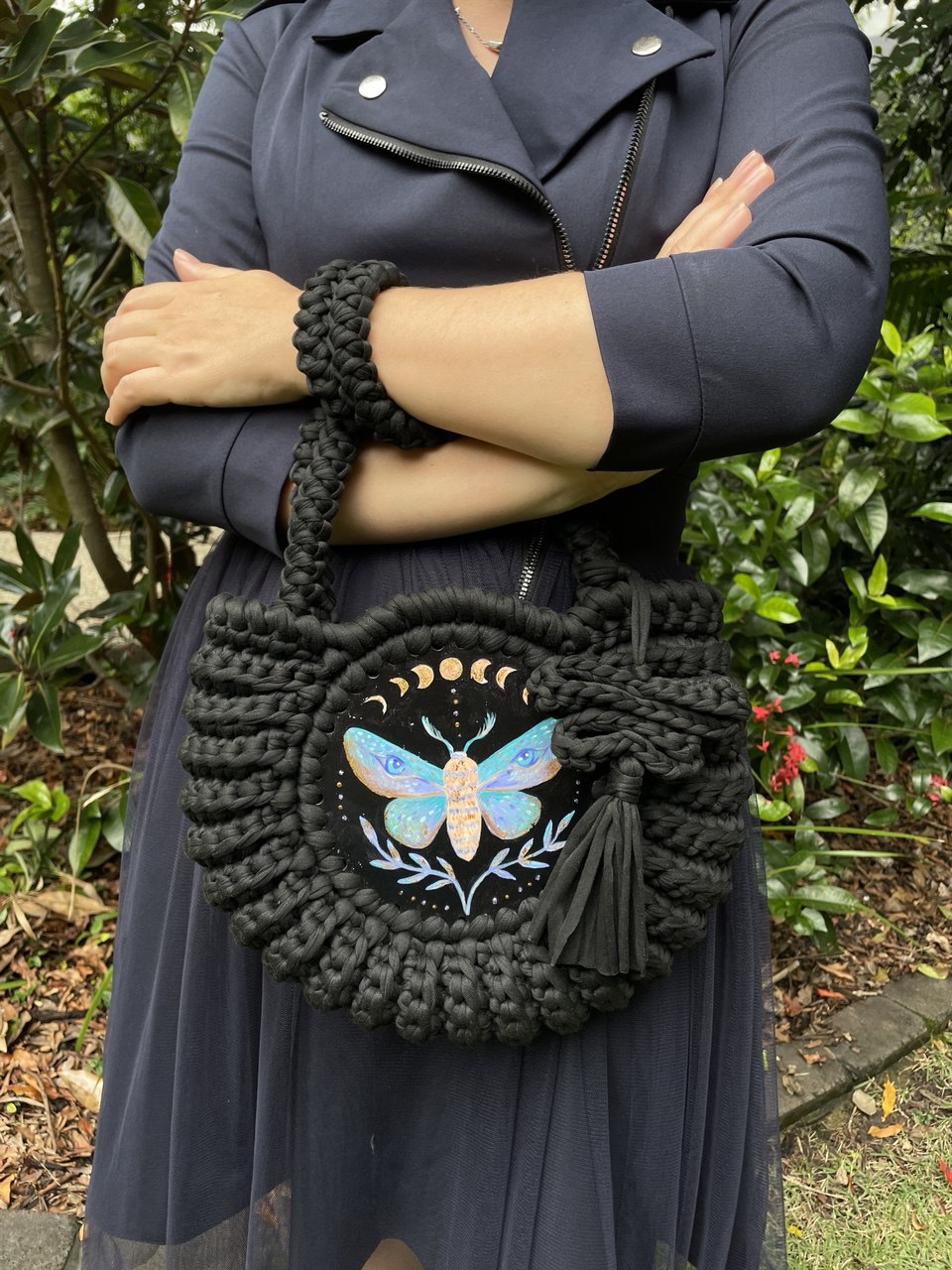 Hand painted artwork & Crochet Bag