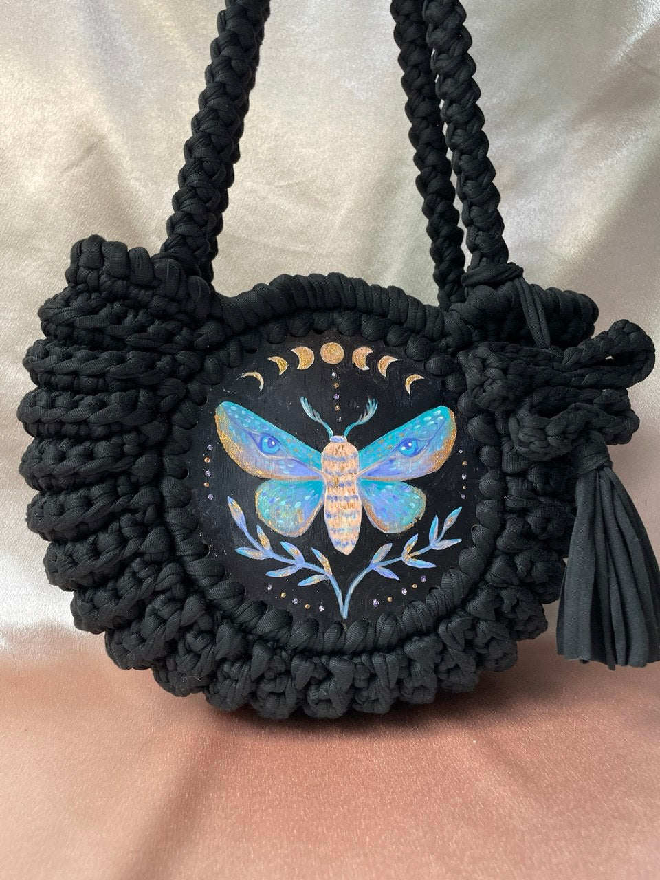 Hand painted artwork & Crochet Bag