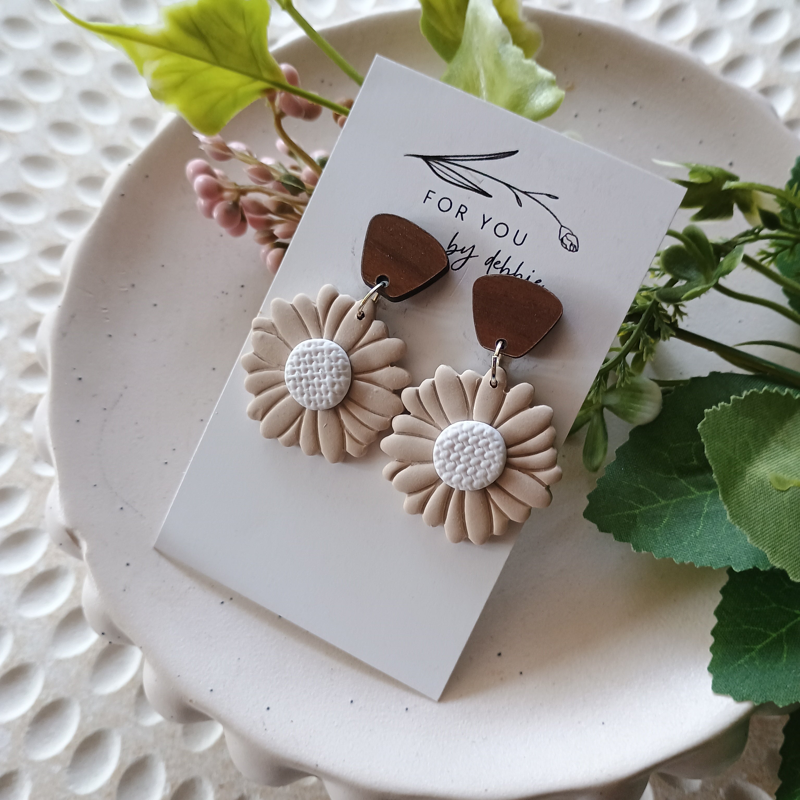 Flower polymer clay earring- wood stud