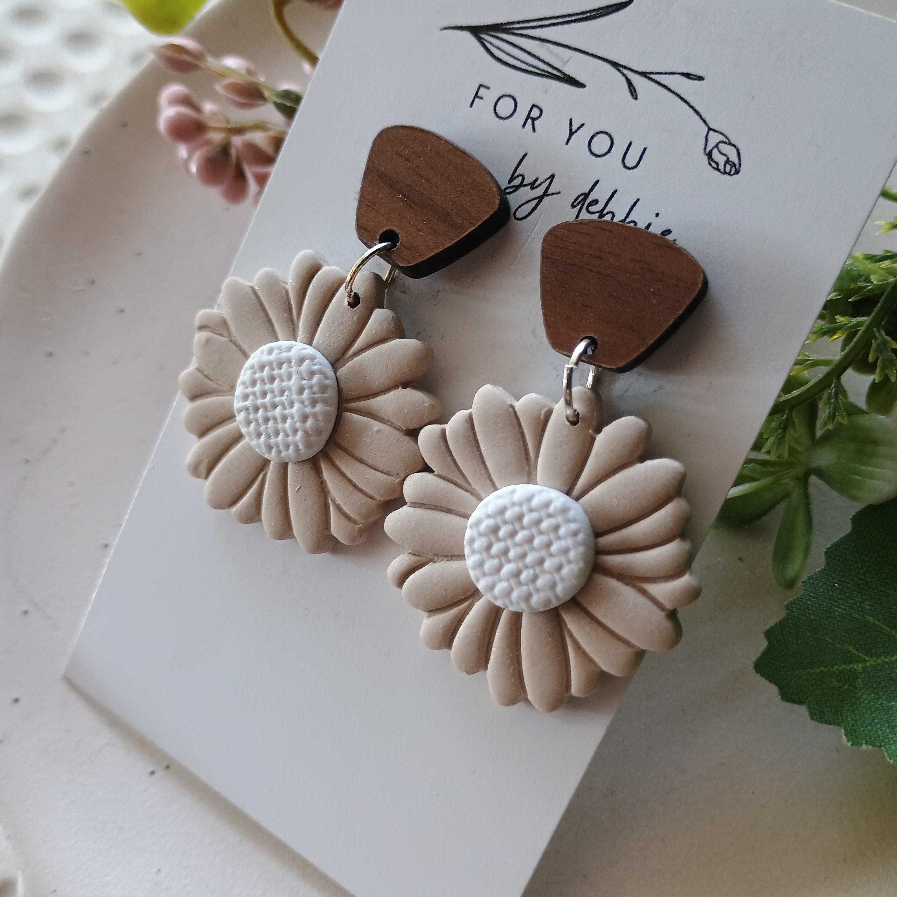 Flower polymer clay earring- wood stud