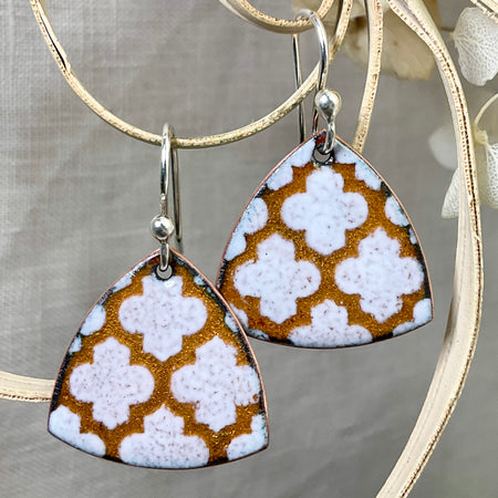 Golden and white pattern earrings. Enamel. Handmade