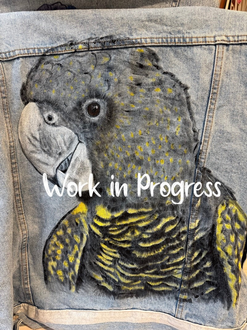 Black Cockatoo Hand-painted Denim Recycled Jacket (M)