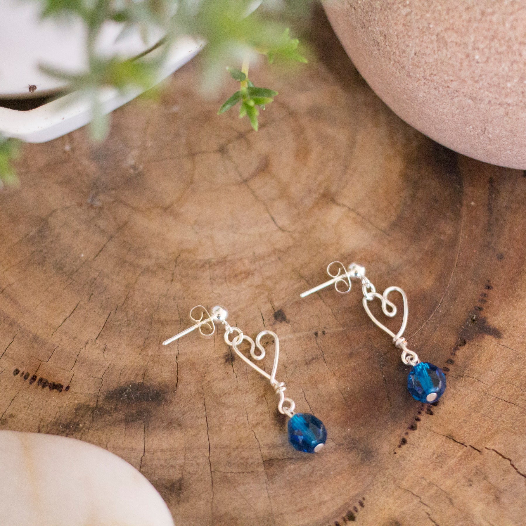 Silver Heart Earrings with Deep Blue AB Faceted Crystals