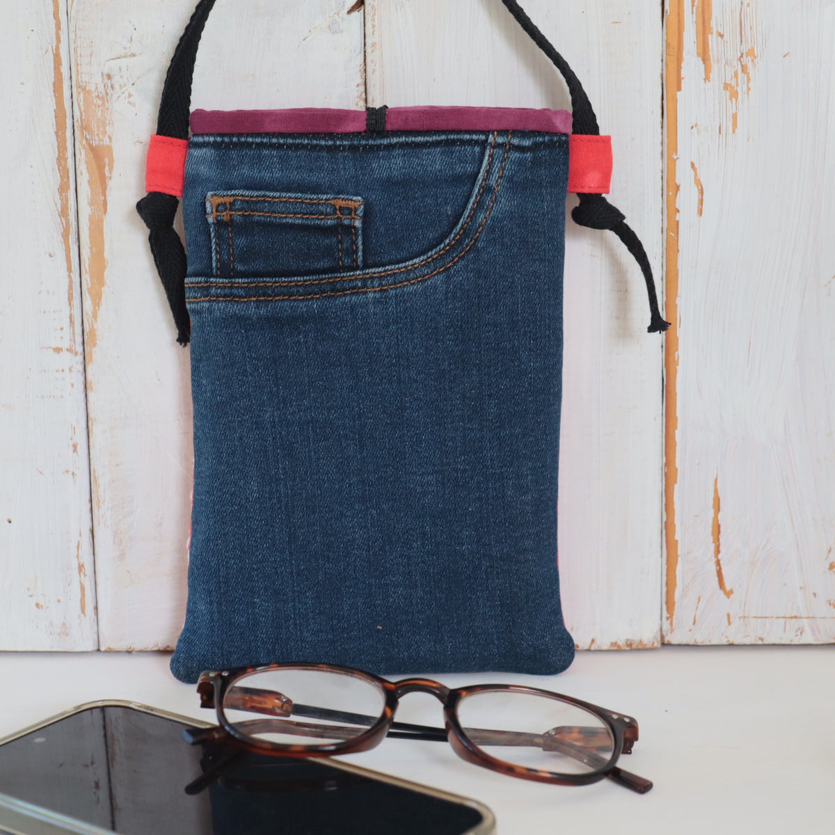 Tie Dyed Cross Body bag for Phone and Glasses, Phone Sling, red, upcycled jeans