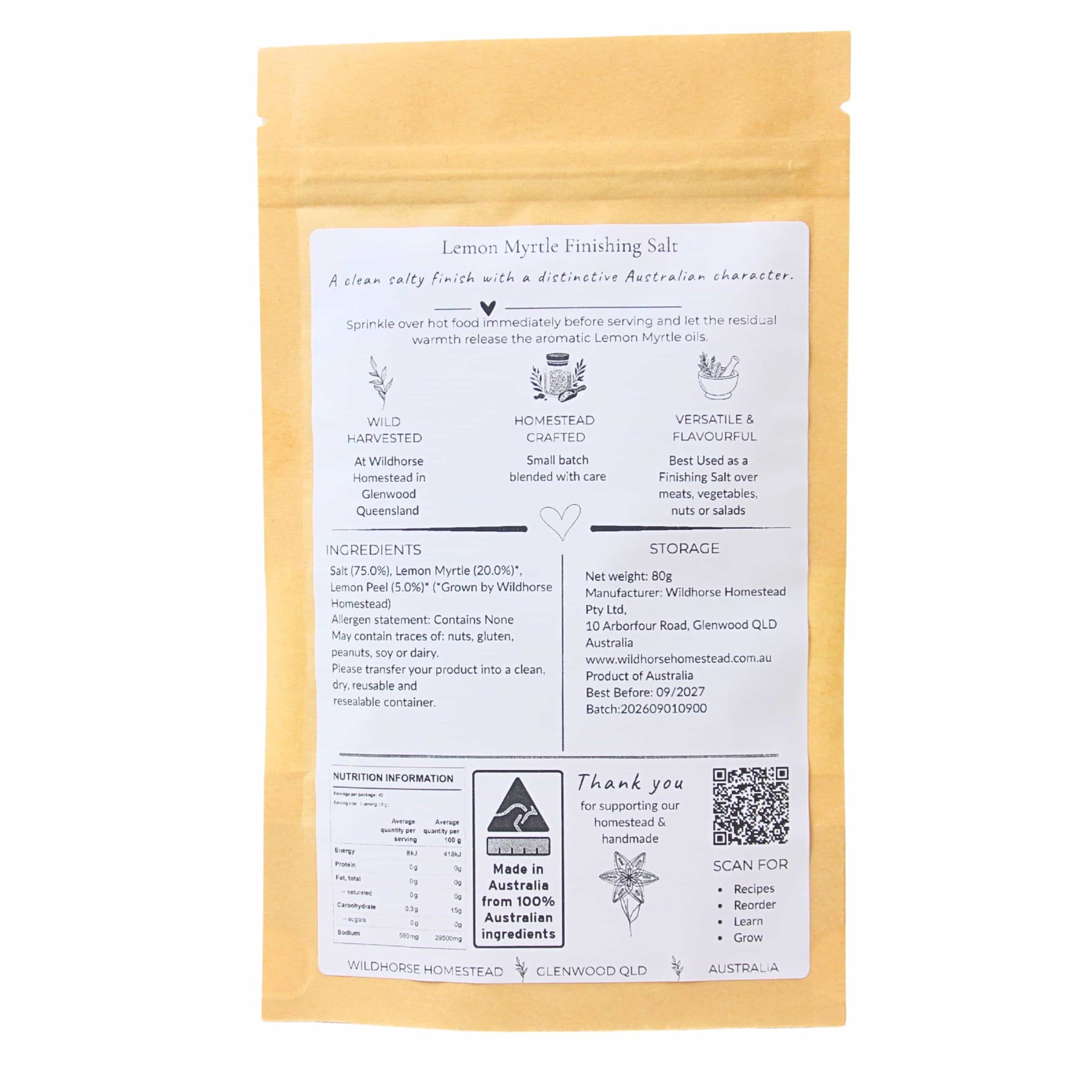 Wildhorse Homestead Lemon Myrtle Finishing Salt – 80g