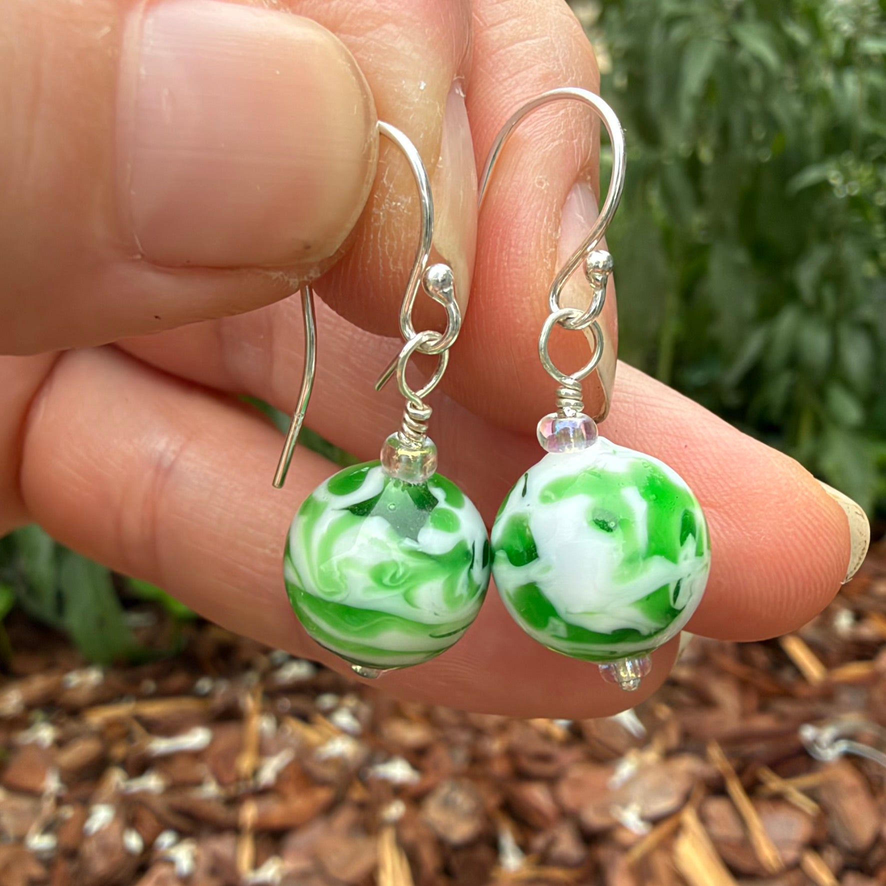 Green and White Lampwork Bead Earrings Sterling Silver