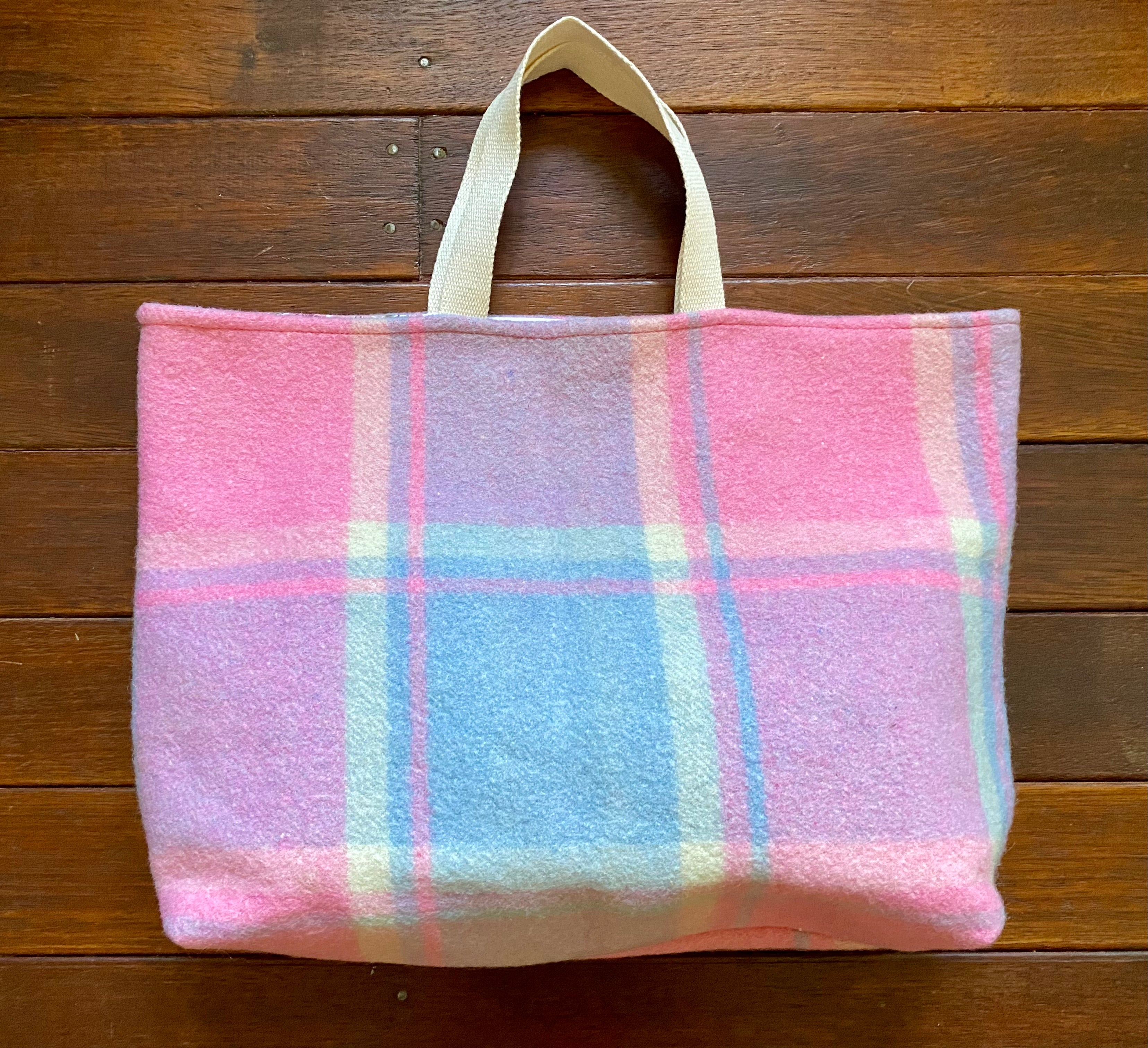 Upcycled Woollen Blanket - Market Tote - Pink/Blue