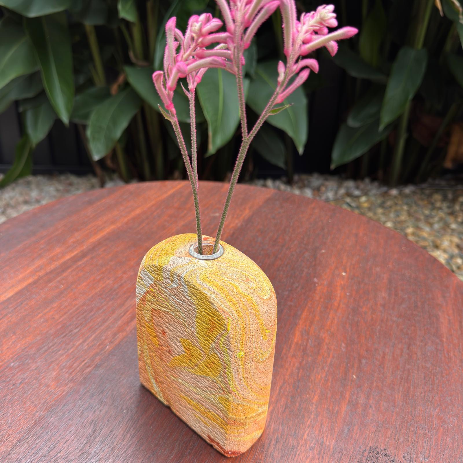 Hand sculpted concrete test tube vase in sunset colours