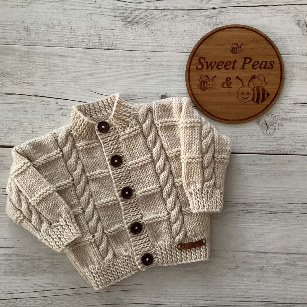 Hand Knitted Cabled Baby Cardigan & Hat