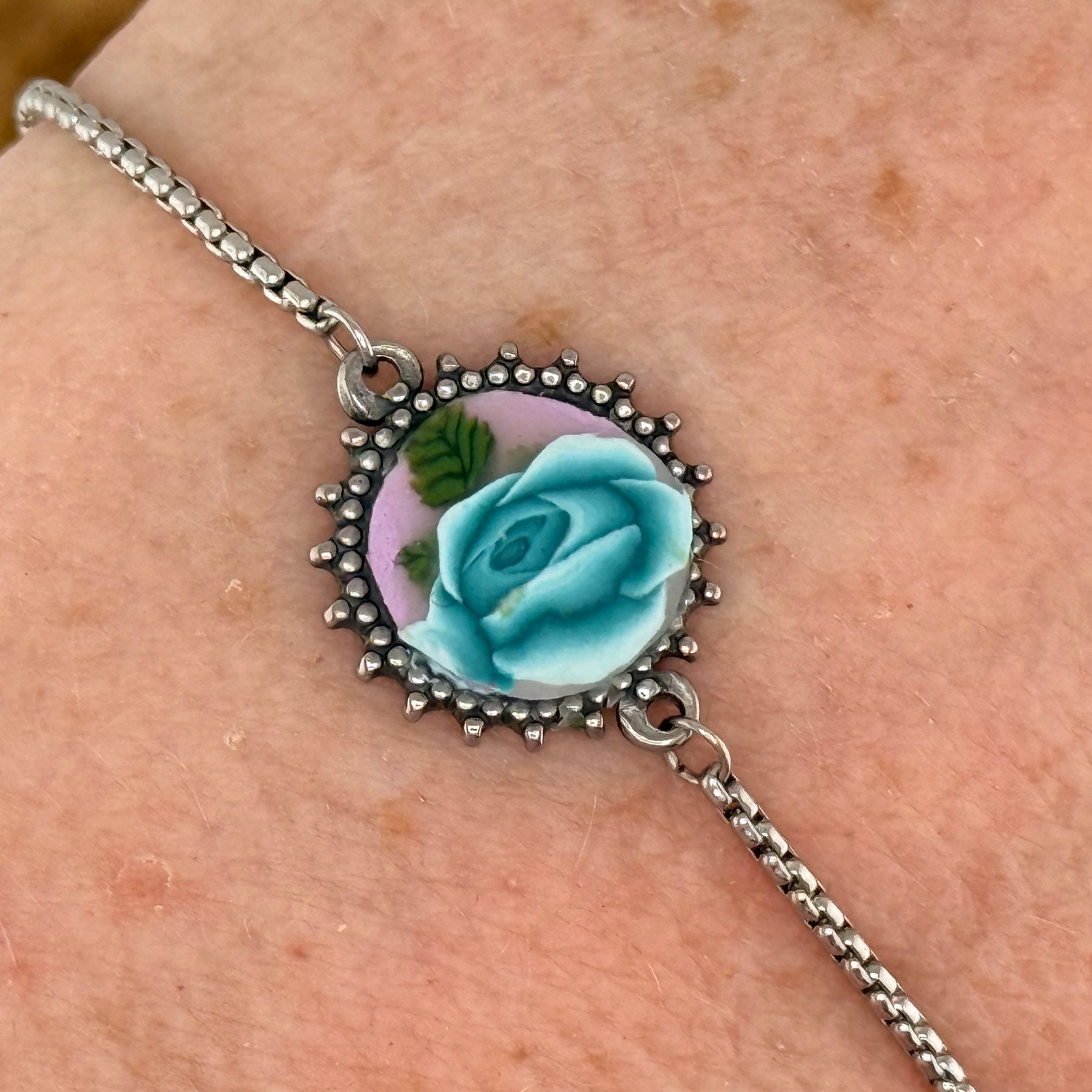 Pale Green Rose Stainless Steel Adjustable Slider Bracelet