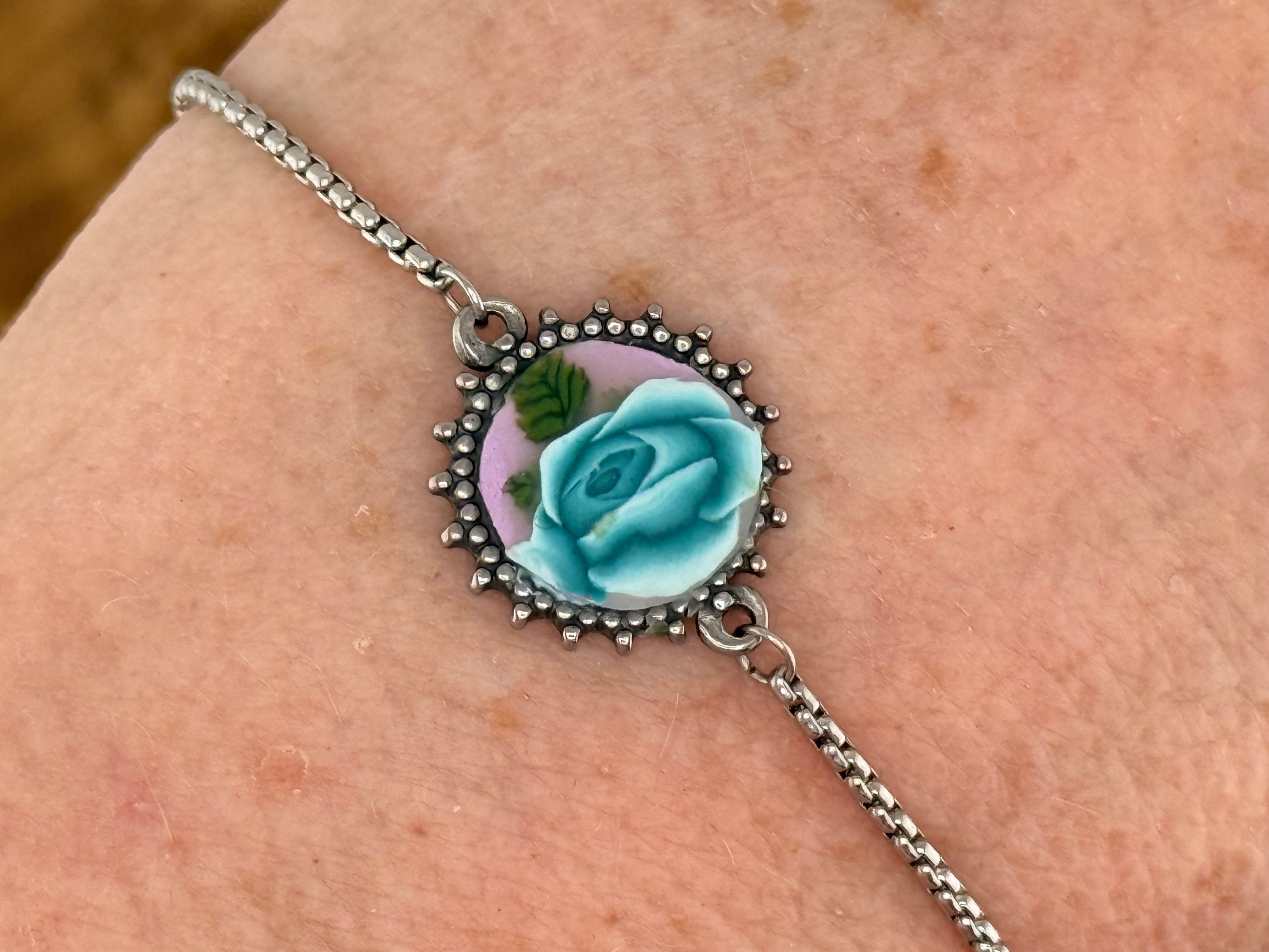 Pale Green Rose Stainless Steel Adjustable Slider Bracelet