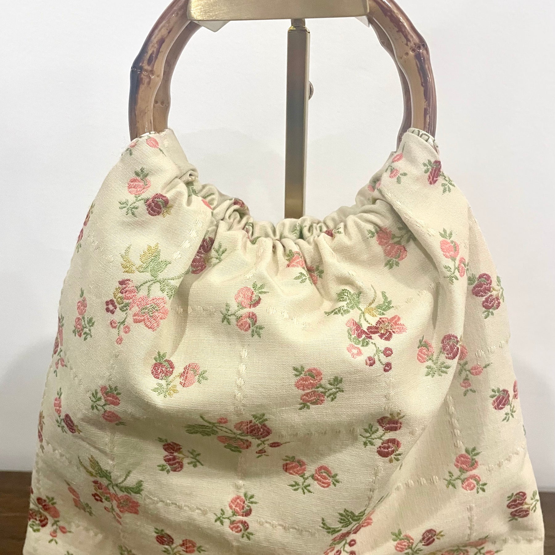 Small Embroidered Rose Granny Bag, Bamboo Handles, Handmade