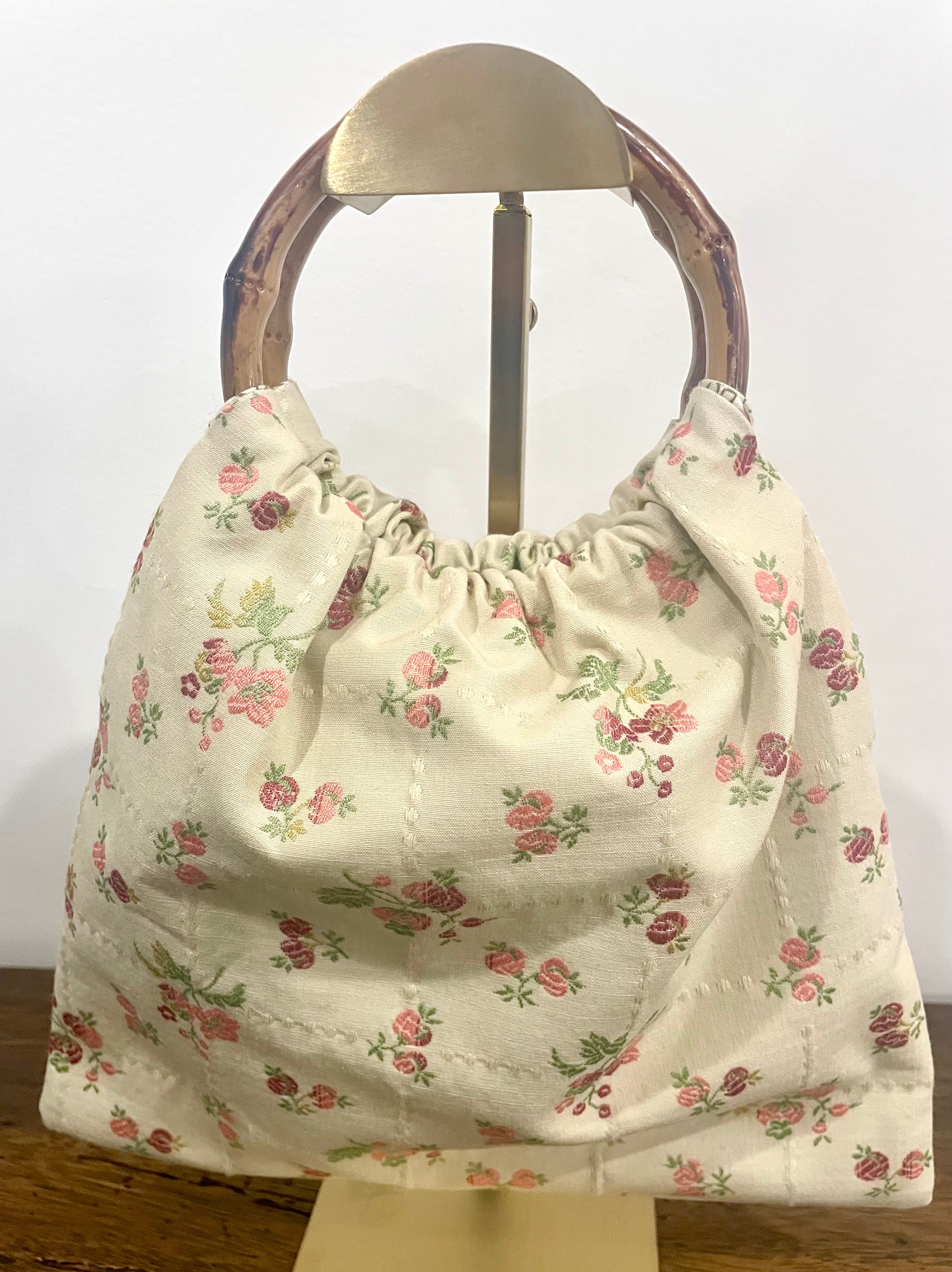 Small Embroidered Rose Granny Bag, Bamboo Handles, Handmade