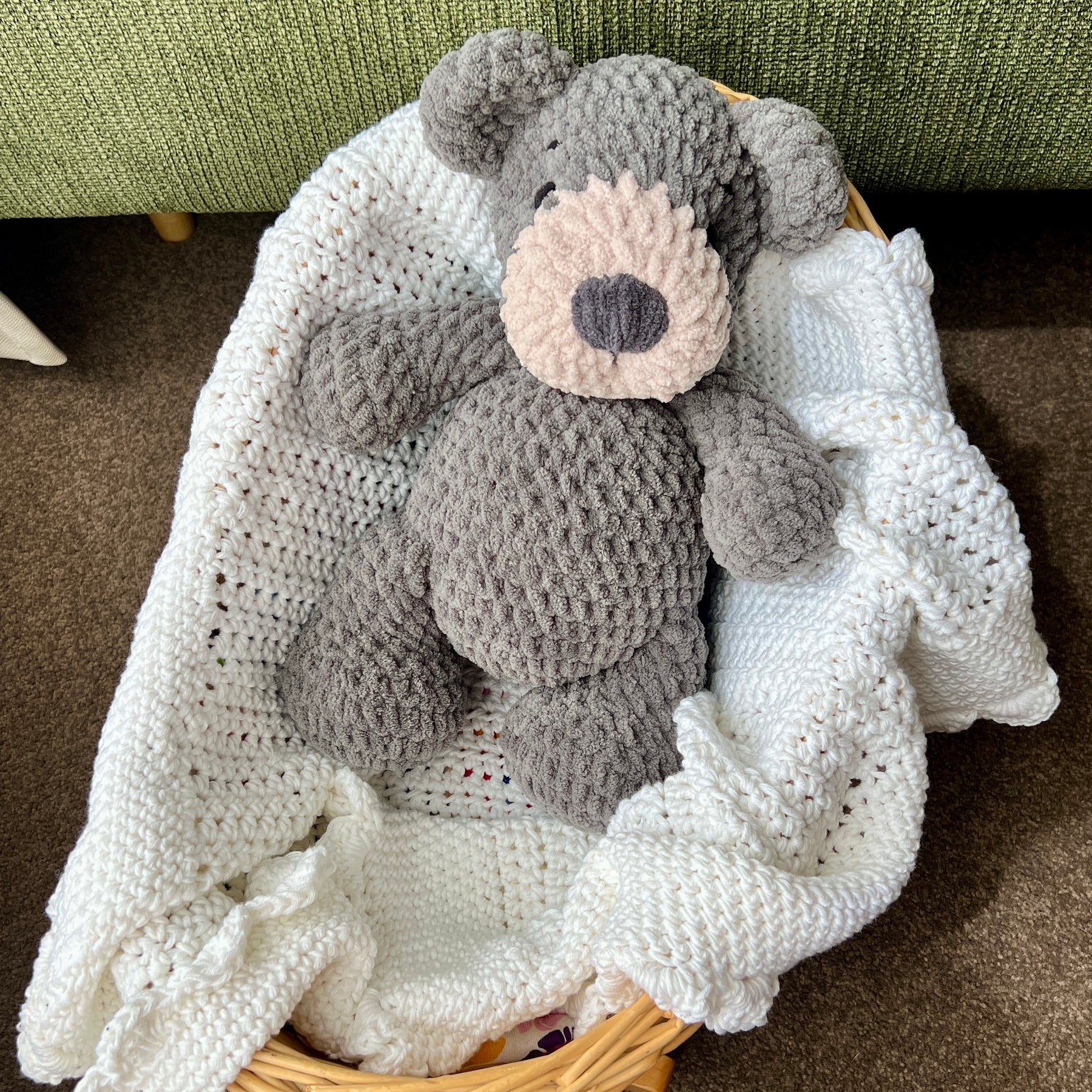 Handmade modern crochet large toy teddy plushie.