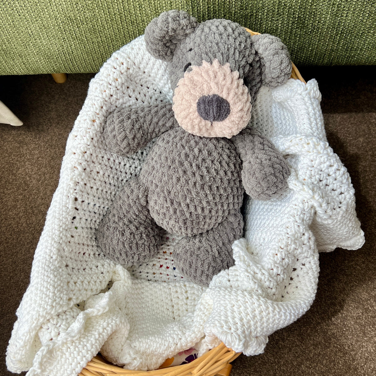 Handmade modern crochet large toy teddy plushie.