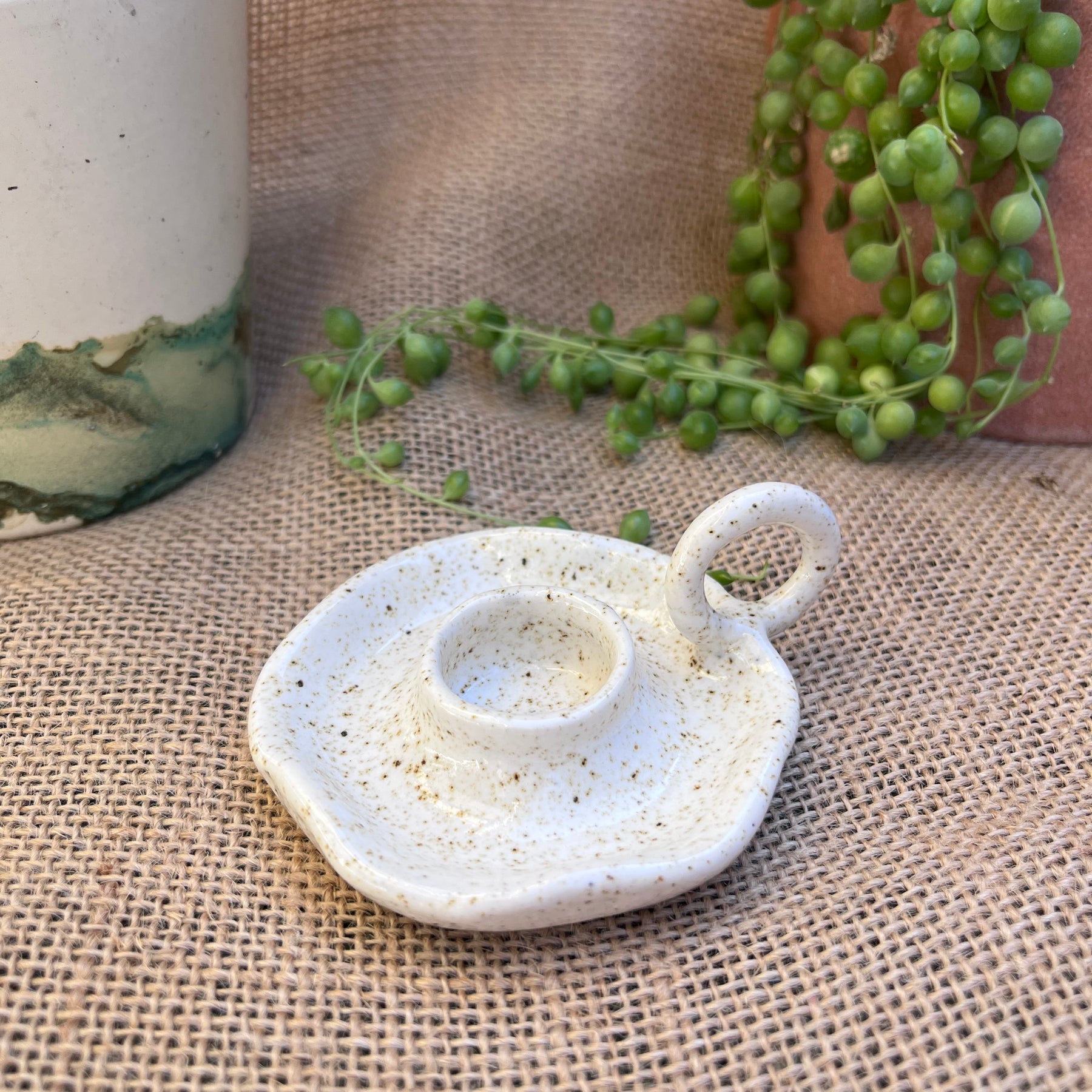 Petite Ceramic candlestick holder with Beeswax candle.