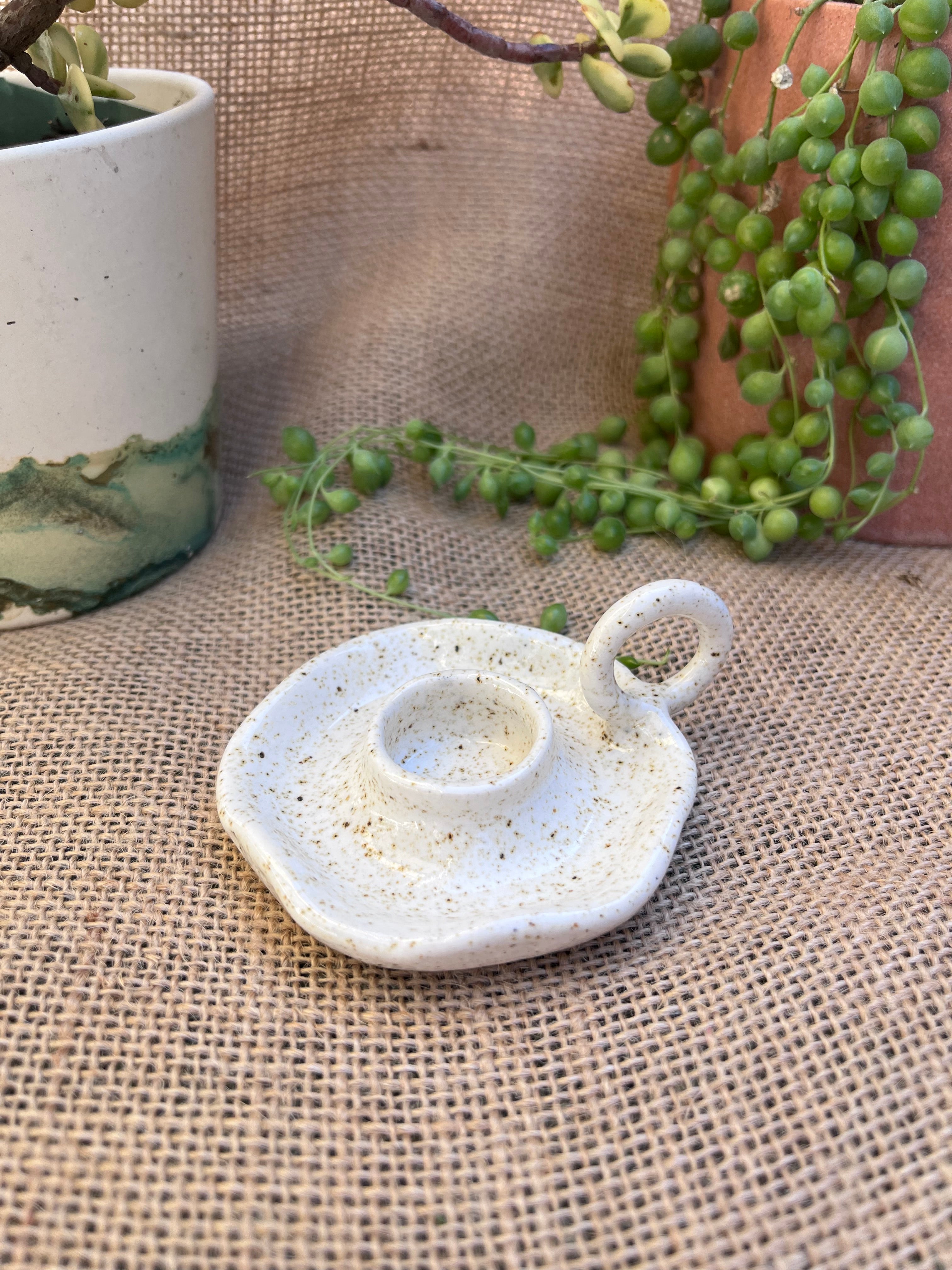 Petite Ceramic candlestick holder with Beeswax candle.