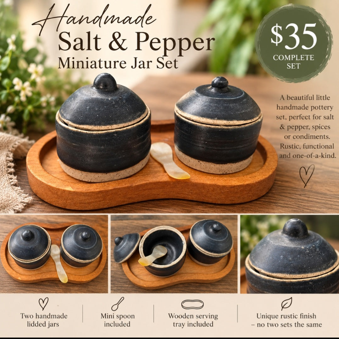 Handmade Salt &Pepper Miniature Jars, spoon and wooden tray