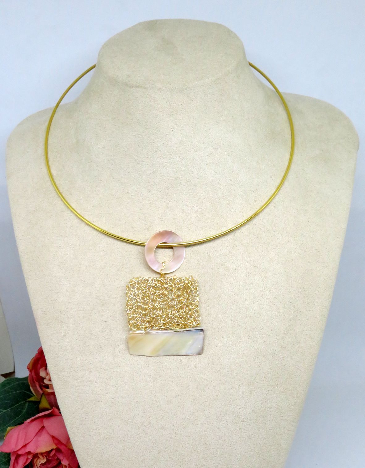 Bespoke Handmade Gold Crochet Wire Shell Pendant Choker Necklace