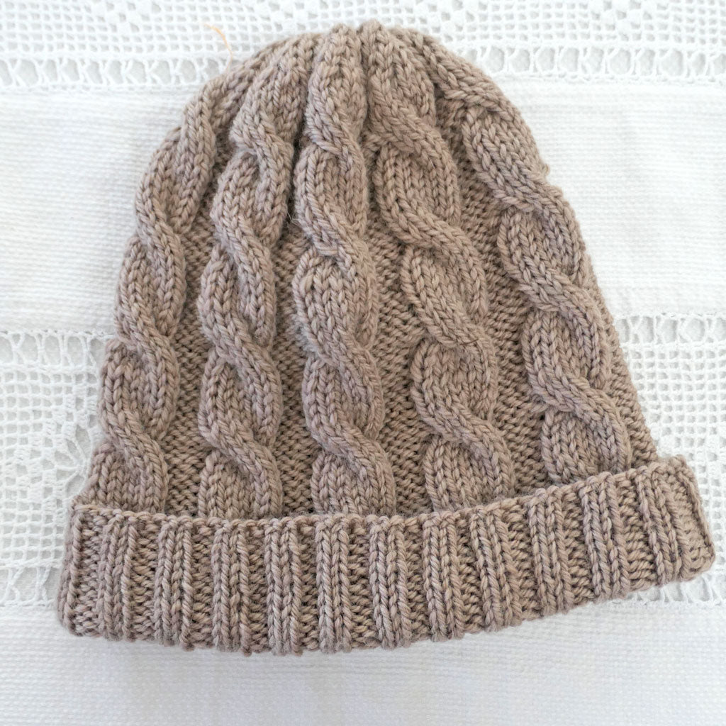Beanie: Adult, handmade, woollen.  Cabled design. Fawn, light brown, Unisex