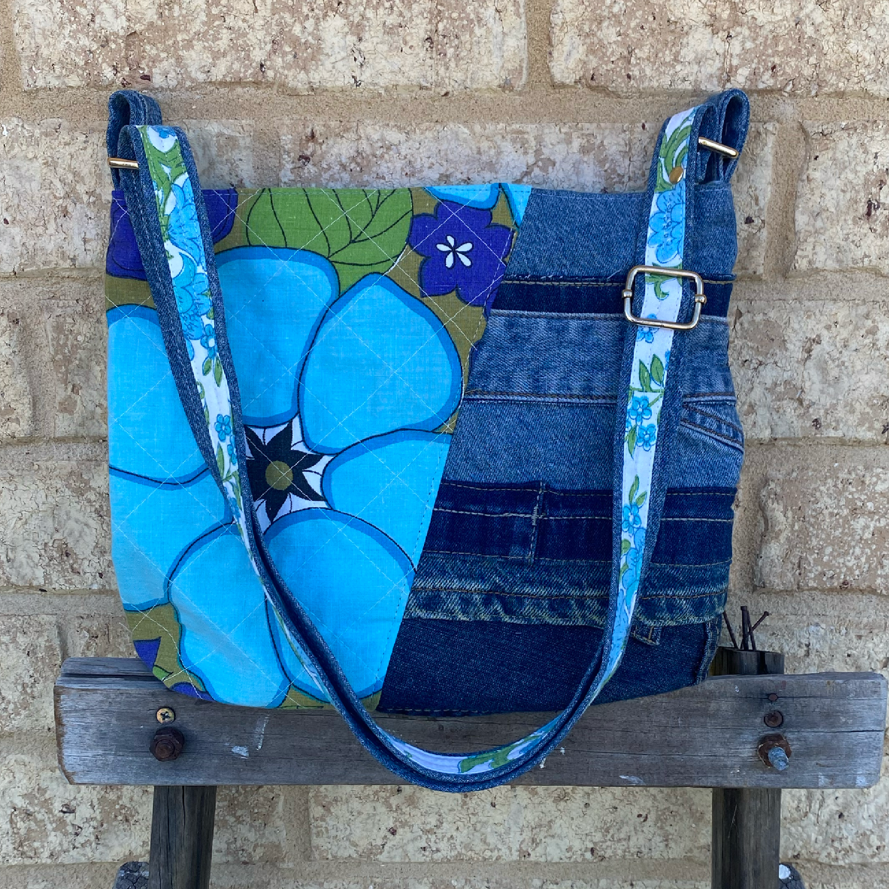 Handmade Shoulder Bag Upcycled Vintage Retro - Blue Bloom