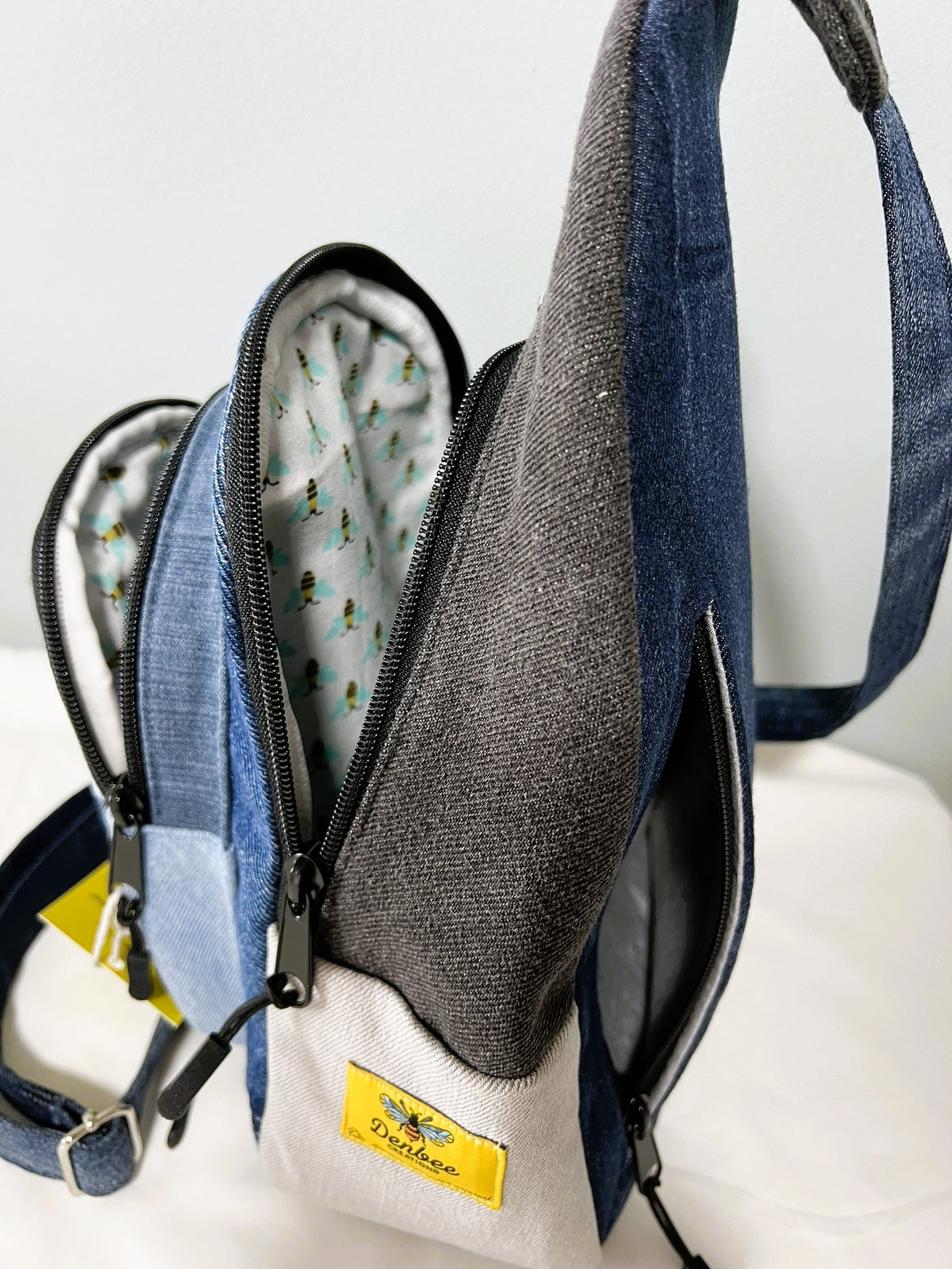 Upcycled Denim & Cotton Multi Pocket Sling Bag