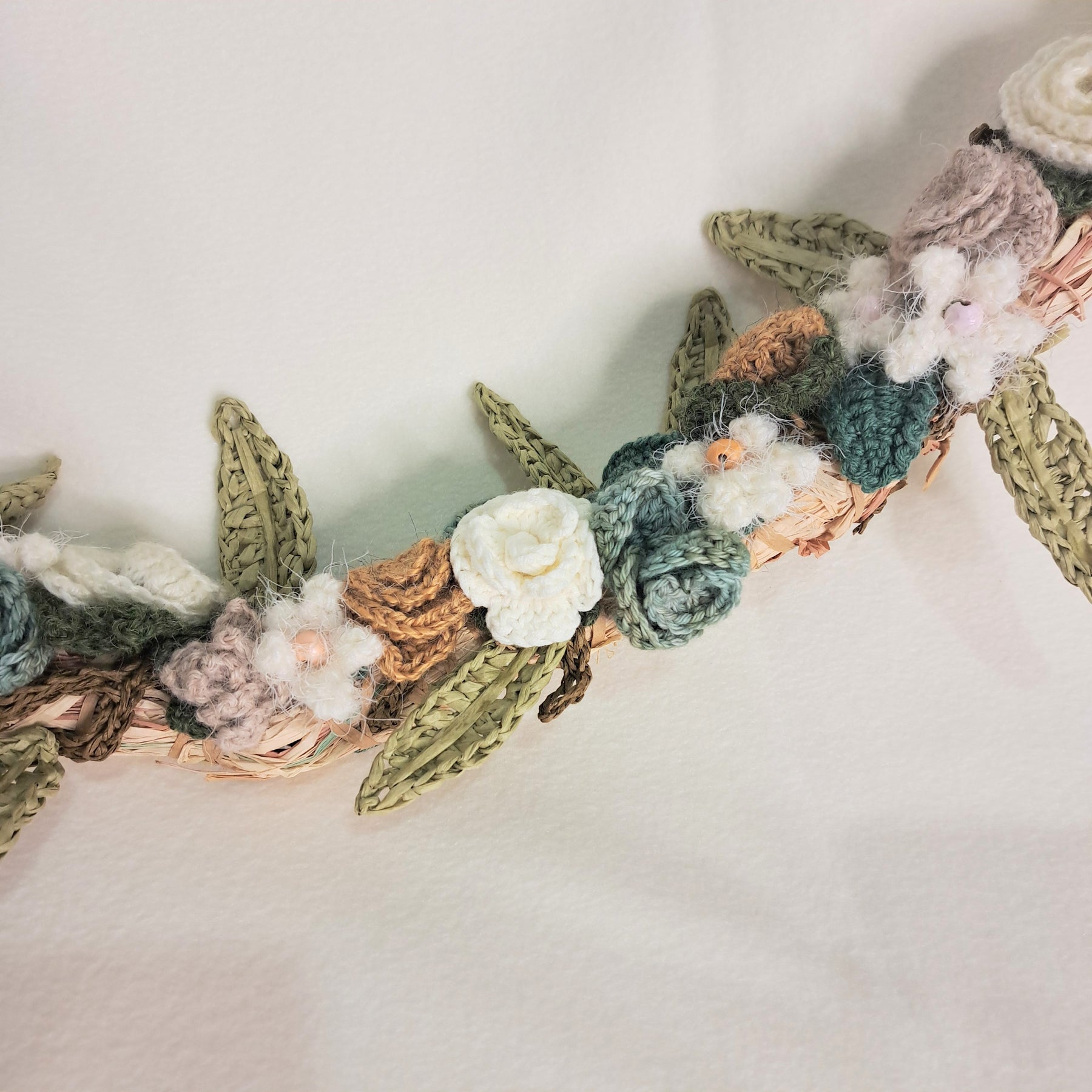 Handmade crochet Wedding Garland, roses, eucalyptus on raffia